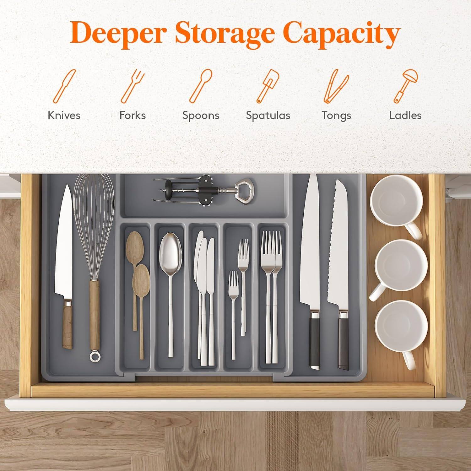 Deeper Storage Capacity

- Knives
- Forks
- Spoons
- Spatulas
- Tongs
- Ladles