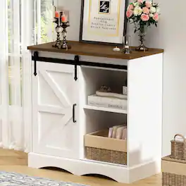 Espafurni - 31.5” Buffet Storage Cabinet - Farmhouse Style, Sliding Barn Door, Adjustable Shelf - White & Brown
