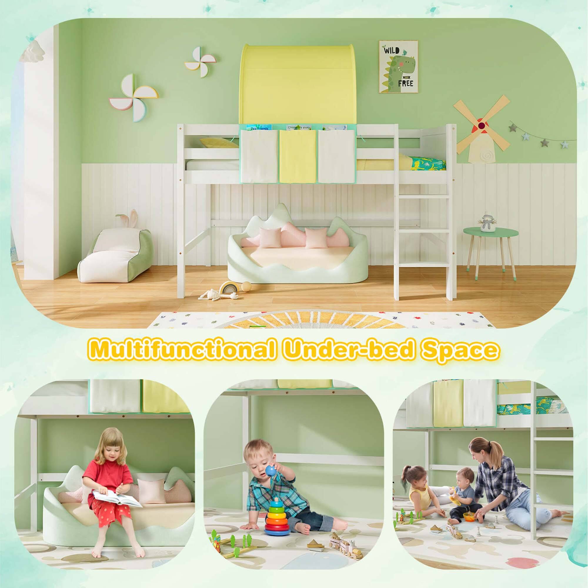 Alt View 4. Costway - Costway Twin Loft Bed with Tower & Tent 3 Storage Pockets Safety Guardrail and Ladder - Turquoise,White.