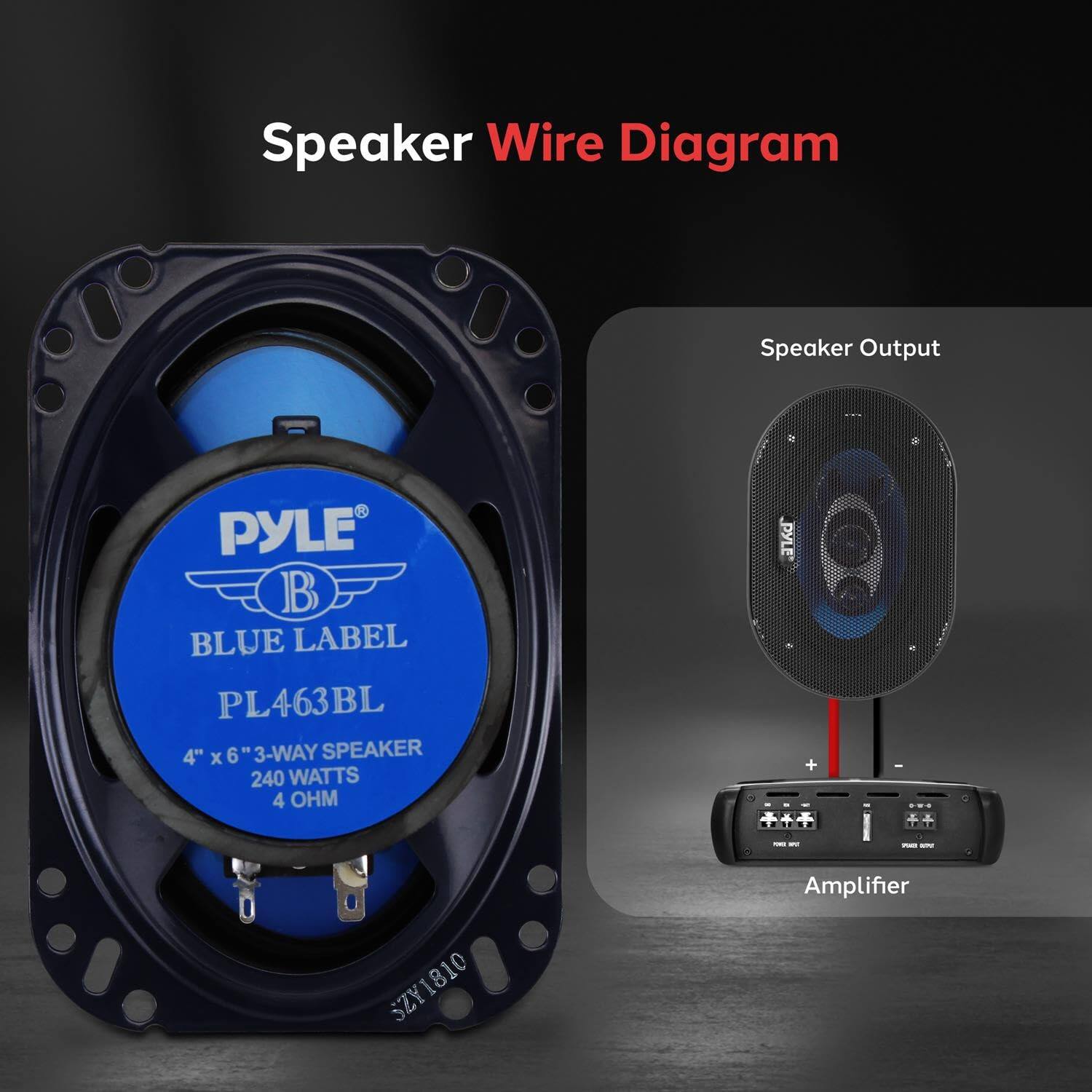 Speaker Wire Diagram

Speaker Output: PYLE BLUE LABEL PL463BL
4" x 6" 3-WAY SPEAKER
240 WATTS
4 OHM

Amplifier