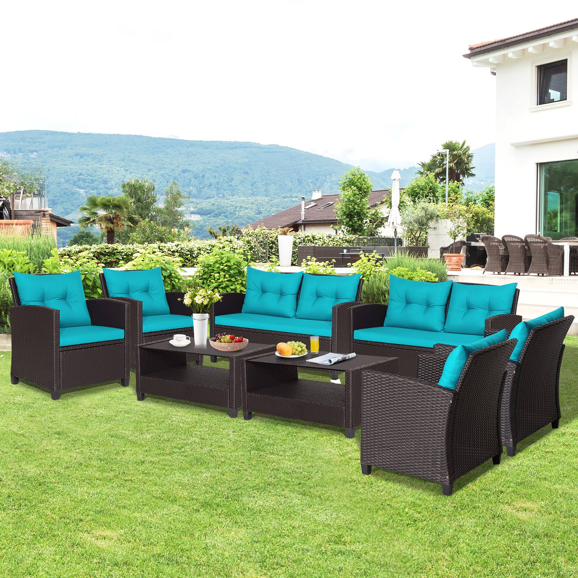 Alt View 3. Gymax - Gymax 4PCS Outdoor Conversation Set Patio PE Rattan Set w/ Glass Table & Sofa Cushions Turquoise - Turquoise.