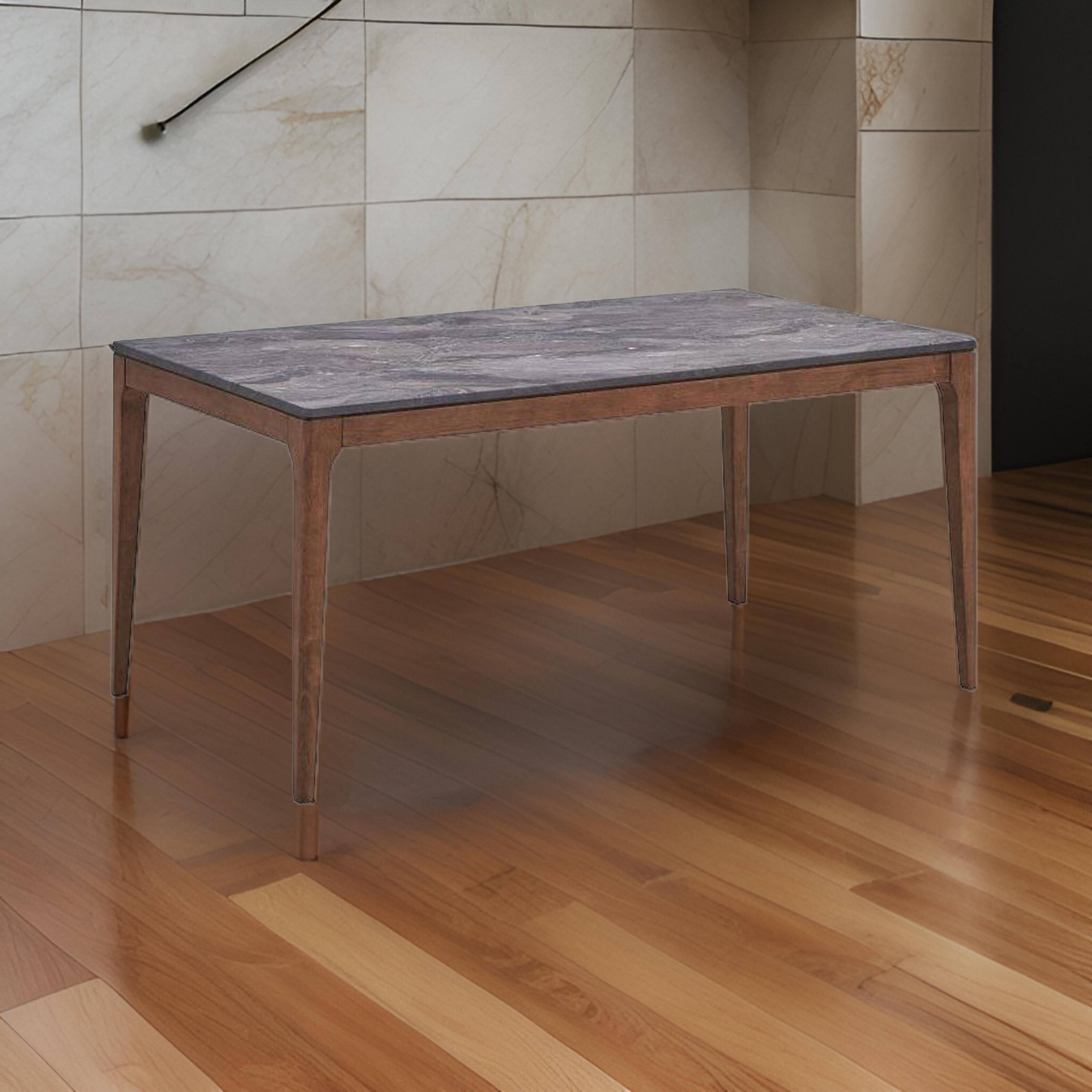 Alt View 5. Manhattan Lane - Evis 63 Inch Dining Table, Marble Grain Faux Stone Top, Walnut Brown Wood - Brown.