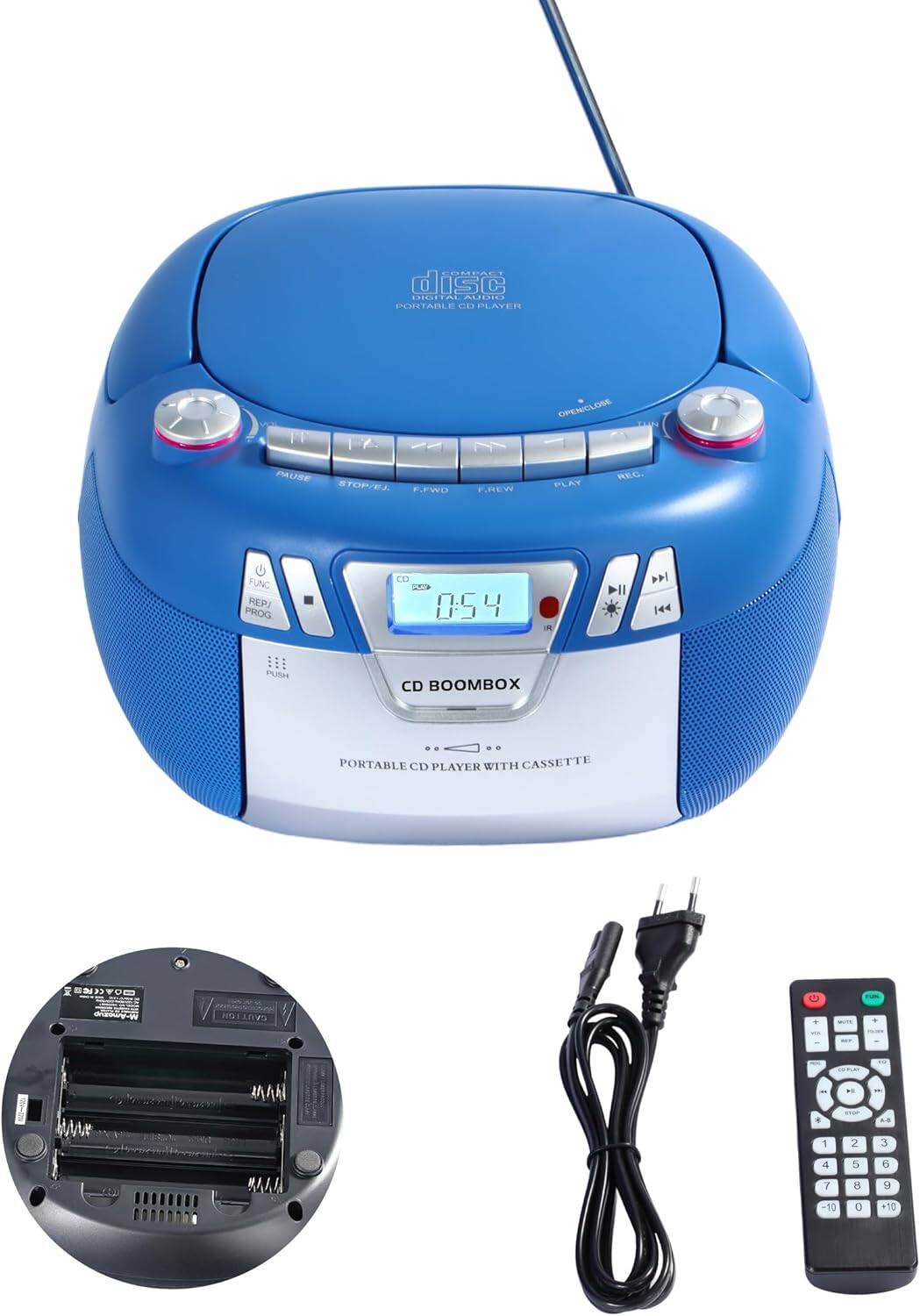 Sure, here is the corrected and grouped text from the image:

---

**Top Section:**

- **DIGITAL AUDIO**
- **IMPACT**
- **SC**
- **CD PLAYER**
- **PORTABLE CD PLAYER WITH CASSETTE**

**Control Panel:**

- **OPEN/CL** (Open/Close)
- **REW** (Rewind)
- **PLAY**
- **REC**
- **F.FWD** (Fast Forward)
- **STOP/EJ** (Stop/Eject)
- **FUNC** (Function)
- **REP** (Repeat)
- **PROG** (Program)
- **PUSH** (Button)
- **CD** (Indicator)
- **0:54** (Time Display)
- **IR** (Infrared)
- **CD BOOMBOX**

**Remote Control:**

- **POWER**
- **VOL** (Volume)
- **TUN** (Tune)
- **STOP**
- **PLAY**
- **PAUSE**
- **F.FWD**
- **REW**
- **FUNC**
- **REP**
- **PROG**
- **1**
- **2**
- **3**
- **4**
- **5**
- **6**
- **7**
