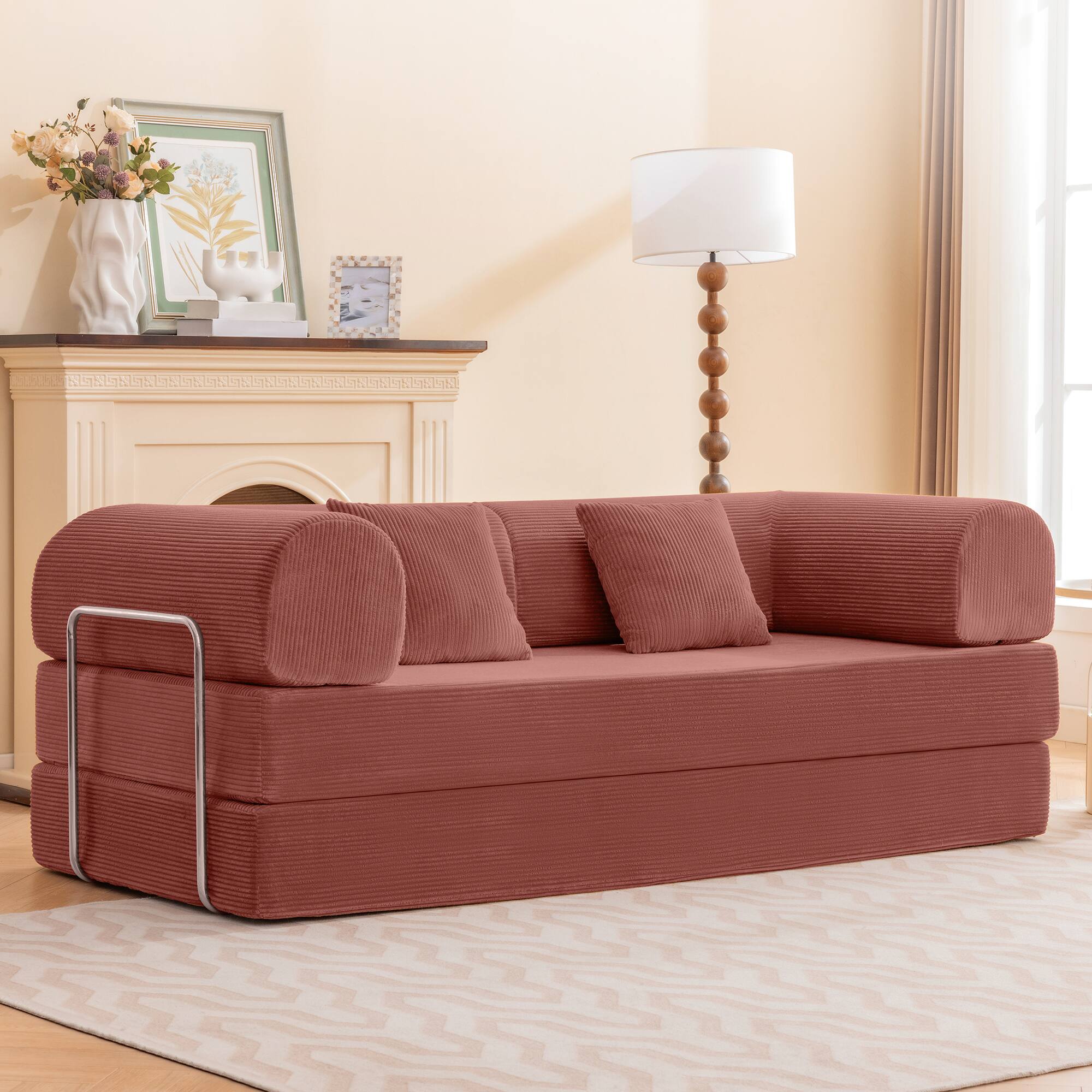 Alt View 9. KERDOM - 78 Inch W Sectional Modular Sofa, 3-4 Person Corduroy Sofa Bed Foldable, High Rebound Density Sponge Sofa, Block Couch - Pink.