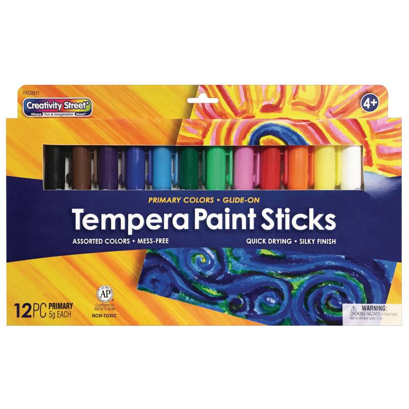 PAC9911 Creativity Street  
Where Fun & Imagination Meet  

4+ PRIMARY COLORS GLIDE-ON Tempera Paint Sticks  
ASSORTED COLORS • MESS-FREE  
QUICK DRYING • SILKY FINISH  

12PC PRIMARY 5g EACH  

ASTM D-4236 NON-TOXIC  

WARNING: CHOKING HAZARD - Small parts. Not for children under 3 years.