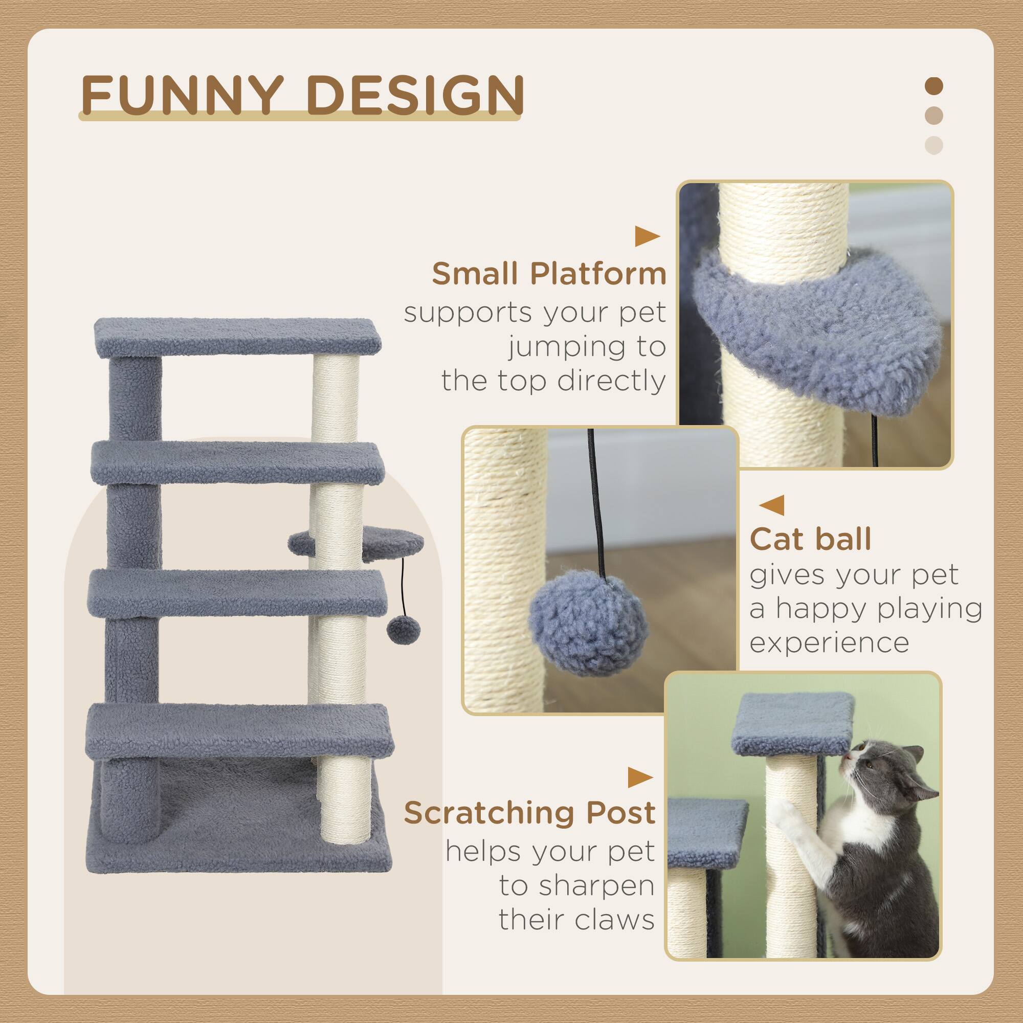 Alt View 1. Pawhut - 4 Levels Cat Steps, Carpeted Pet Stairs Ladder, Kitten Tree Climber with Scratching Posts, Hanging Play Ball, Side Step - Gray.