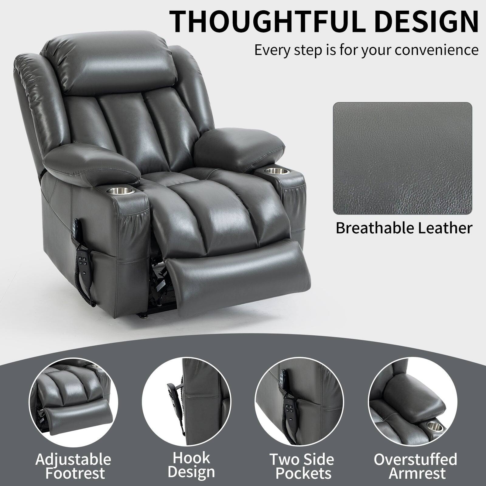 THOUGHTFUL DESIGN  
Every step is for your convenience  

- Breathable Leather  
- Adjustable Footrest  
- Hook Design  
- Two Side Pockets  
- Overstuffed Armrest
