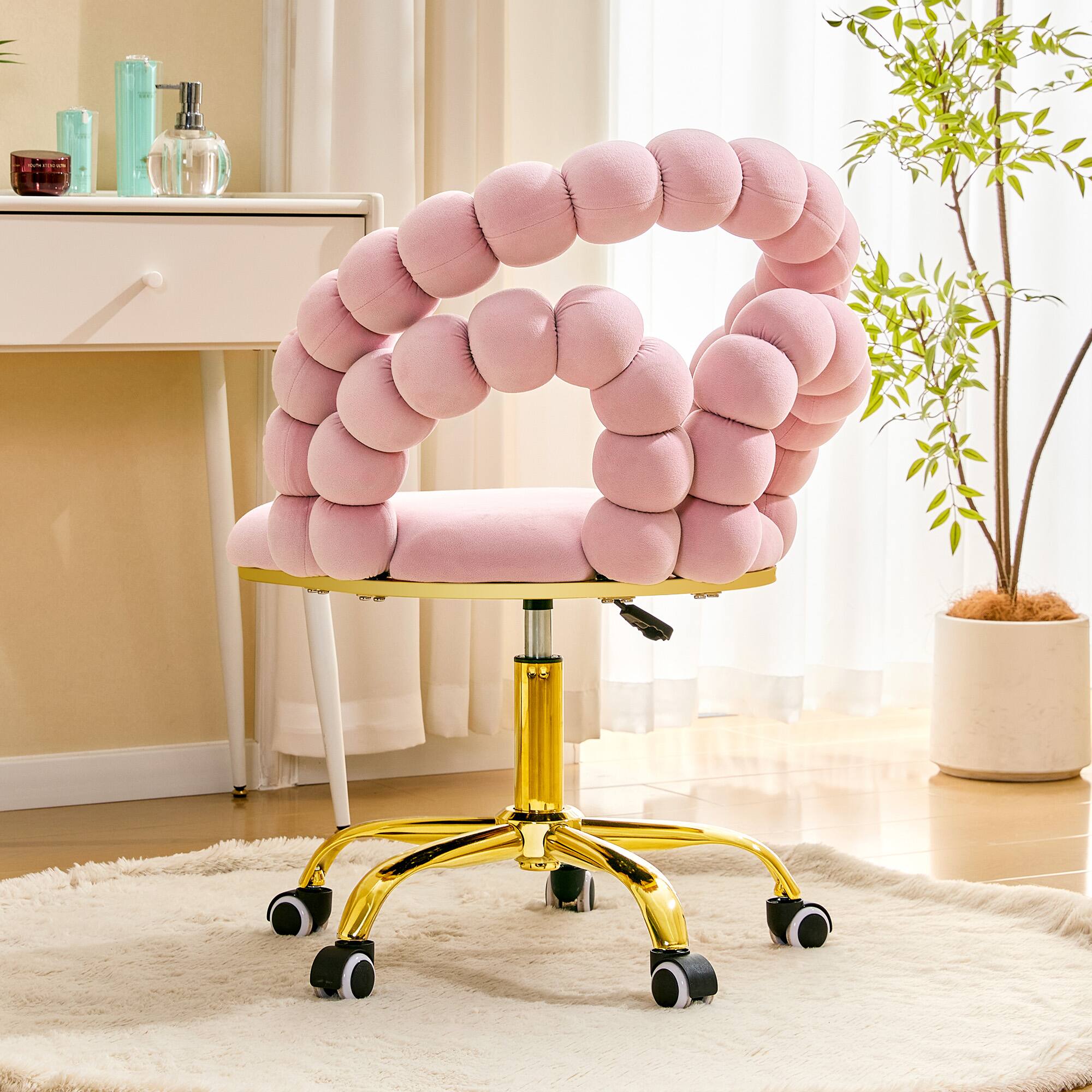 Left. Loheer - Loheer- Vanity Chair Pink Velvet Bubble Swivel Rolling Makeup Chair for Bedroom Home Office with Gold Base 2 ft - Gold,Pink.