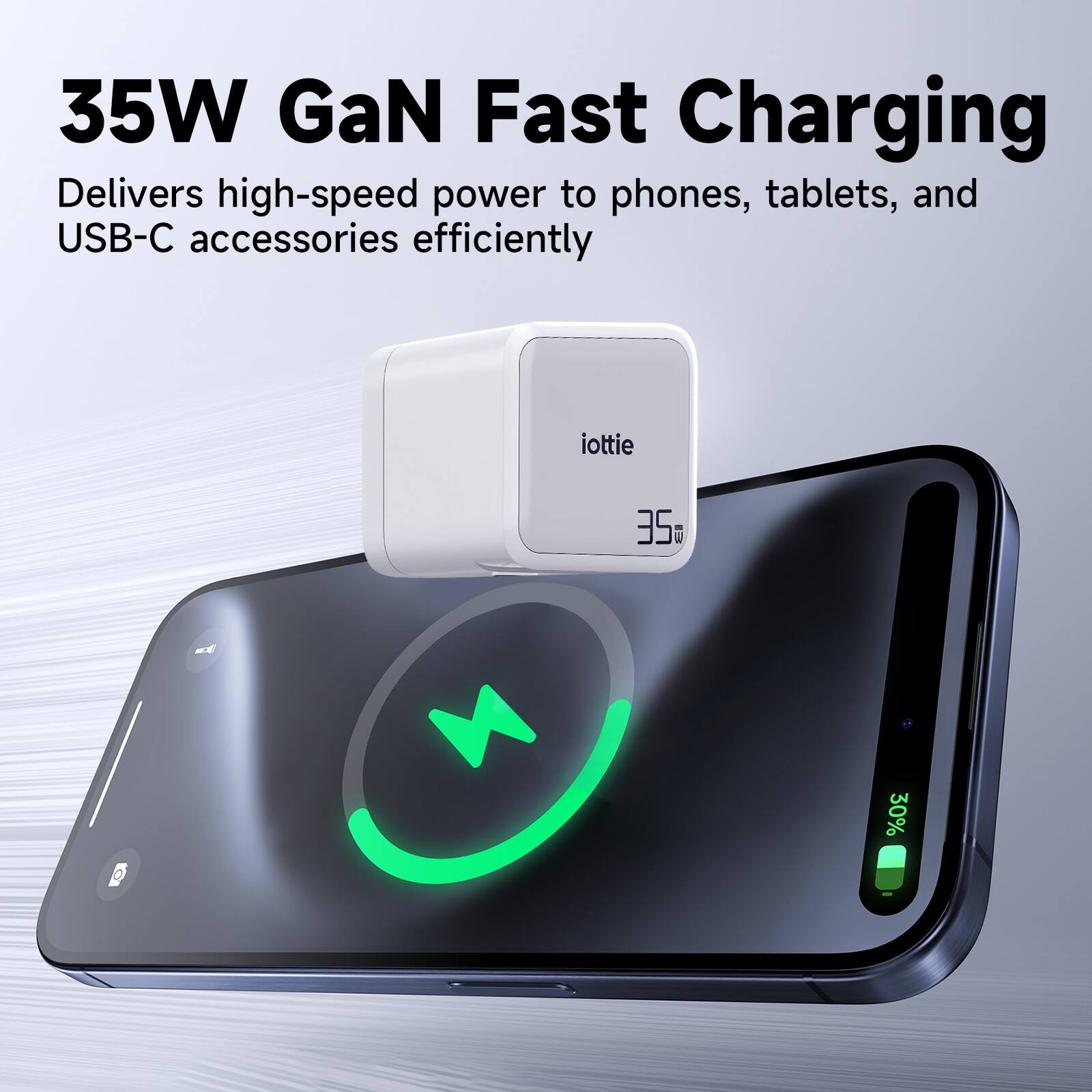 35W GaN Fast Charging Delivers high-speed power to phones, tablets, and USB-C accessories efficiently iottie 35W 30%
