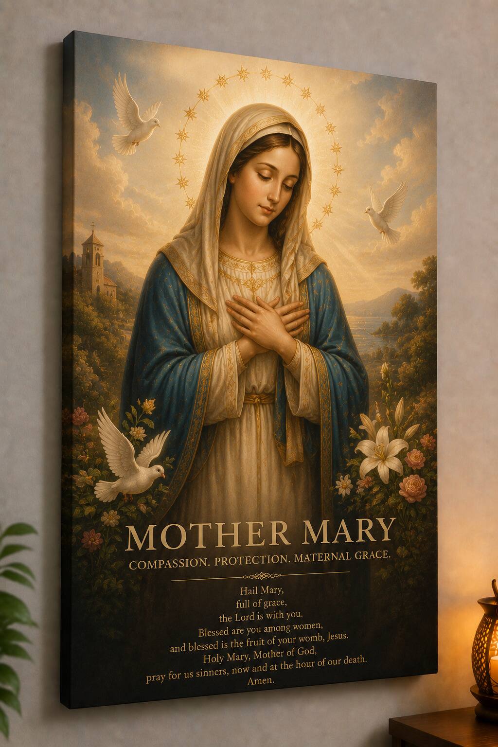 MOTHER MARY  
COMPASSION. PROTECTION. MATERNAL GRACE.  

Hail Mary, full of grace, the Lord is with you.  
among women, Blessed are you fruit of your womb, Jesus.  
and blessed is the Mother of God, Holy Mary, of our death.  
and at the hour sinners, now pray for us Amen.