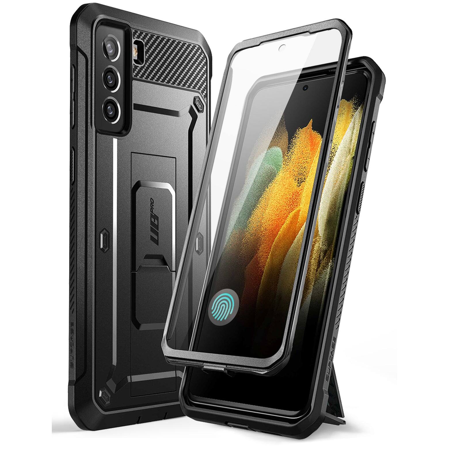 Angle. SUPCASE - Unicorn Beetle Pro Rugged Holster Case for Samsung Galaxy S21 FE – Full-Body Protection with Kickstand & Belt Clip - Black.