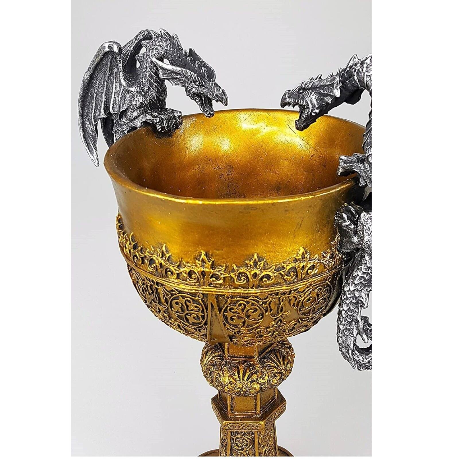 Angle. Pacific Trading - King Arthur's Fantasy Golden Chalice With Dual Dragon Wine Goblet Sculptural Decor - Gold.