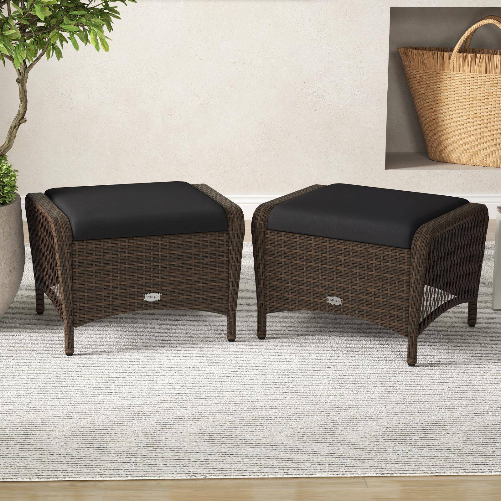 Front. Costway - Costway 2 Pieces Outdoor Patio PE Wicker Ottomans with Removable Cushions for Porch, Garden - Mix Brown+Black.