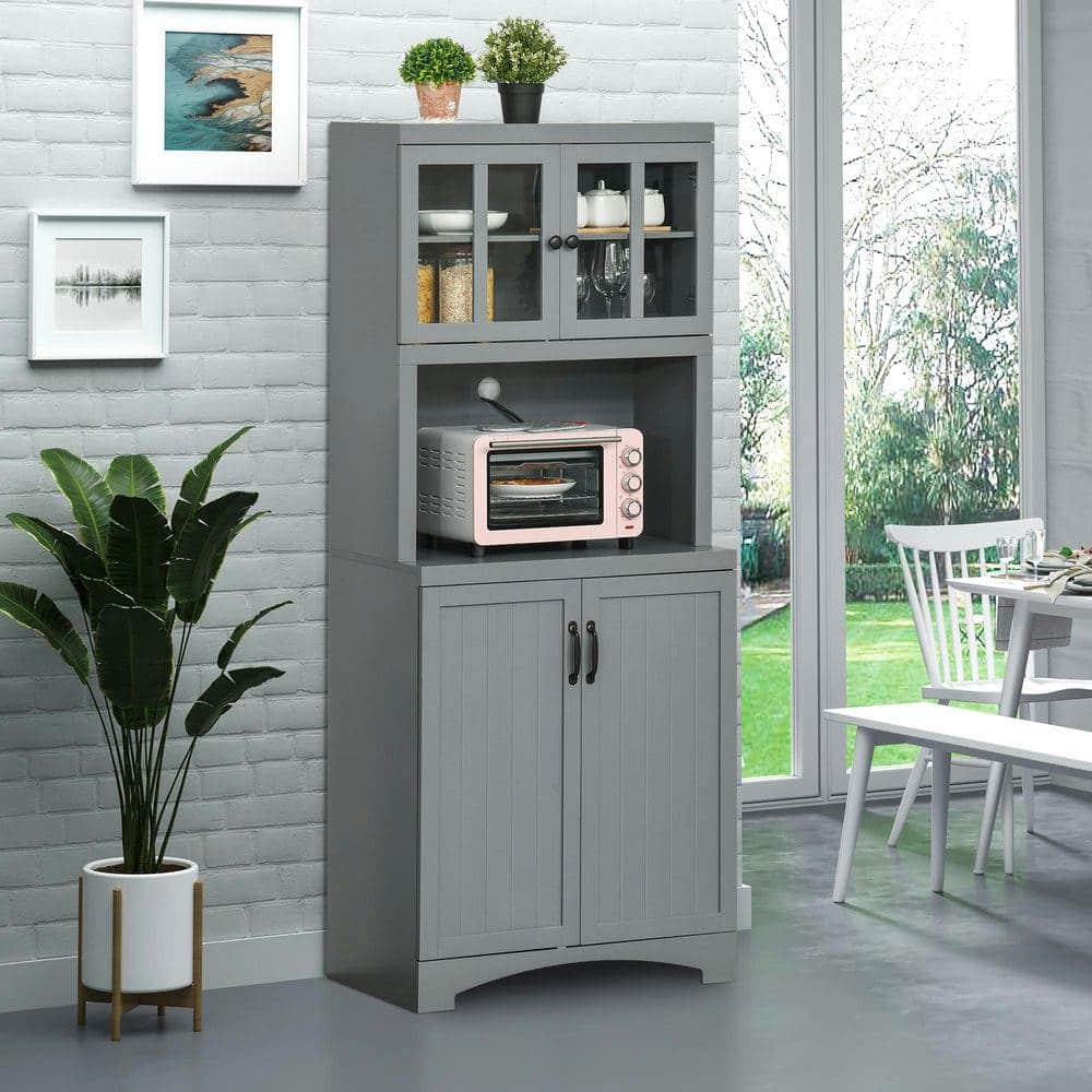 Kadyn - Kitchen Hutch, 70" Pantry Cabinet with Glass Framed Door, Storage Cabinet with Adjustable Shelves - Gray