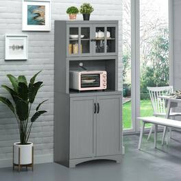 Kadyn - Kitchen Hutch, 70" Pantry Cabinet with Glass Framed Door, Storage Cabinet with Adjustable Shelves - Gray