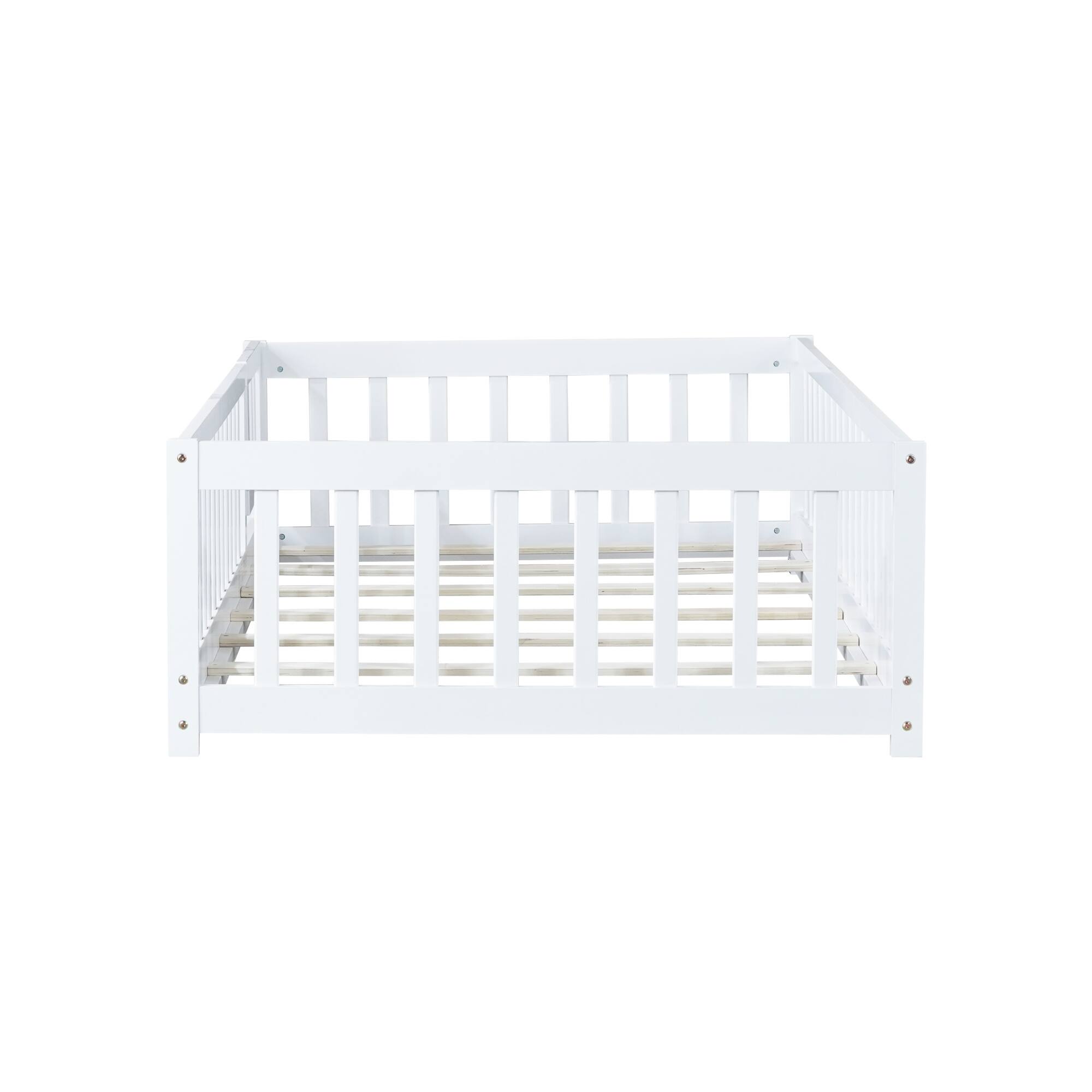 Alt View 5. GOODSILO - Twin Size Low-Profile Children's Floor Bed with Safety Guardrails and Entry Door, Natural Wood Finish - White.