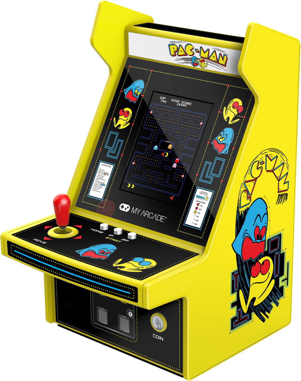 Sure, here is the corrected and grouped text from the image:

---

**PAC-MAN**

**LUP 740**

**HIGH SCORE 16440**

**MOVE**  
**START**  
**HOME**  
**UP**  
**DOWN**  
**LEFT**  
**RIGHT**

**COIN**

**MY ARCADE**

**INSTRUCTIONS**

**1. Insert Coin**  
**2. Press Start**  
**3. Use Joystick to Move Pac-Man**  
**4. Eat Dots, Fruits, and Power Pellets**  
**5. Avoid Ghosts**  
**6. Eat Power Pellets to Turn Ghosts Blue**  
**7. Eat Ghosts for Bonus Points**  
**8. Try to Get High Score**

**EXTRA LIFE**  
**1 - 10,000**  
**2 - 20,000**  
**3 - 40,000**  
**4 - 80,000**  
**5 - 160,000**  
**6 - 320,000**  
**7 - 640,000**  
**
