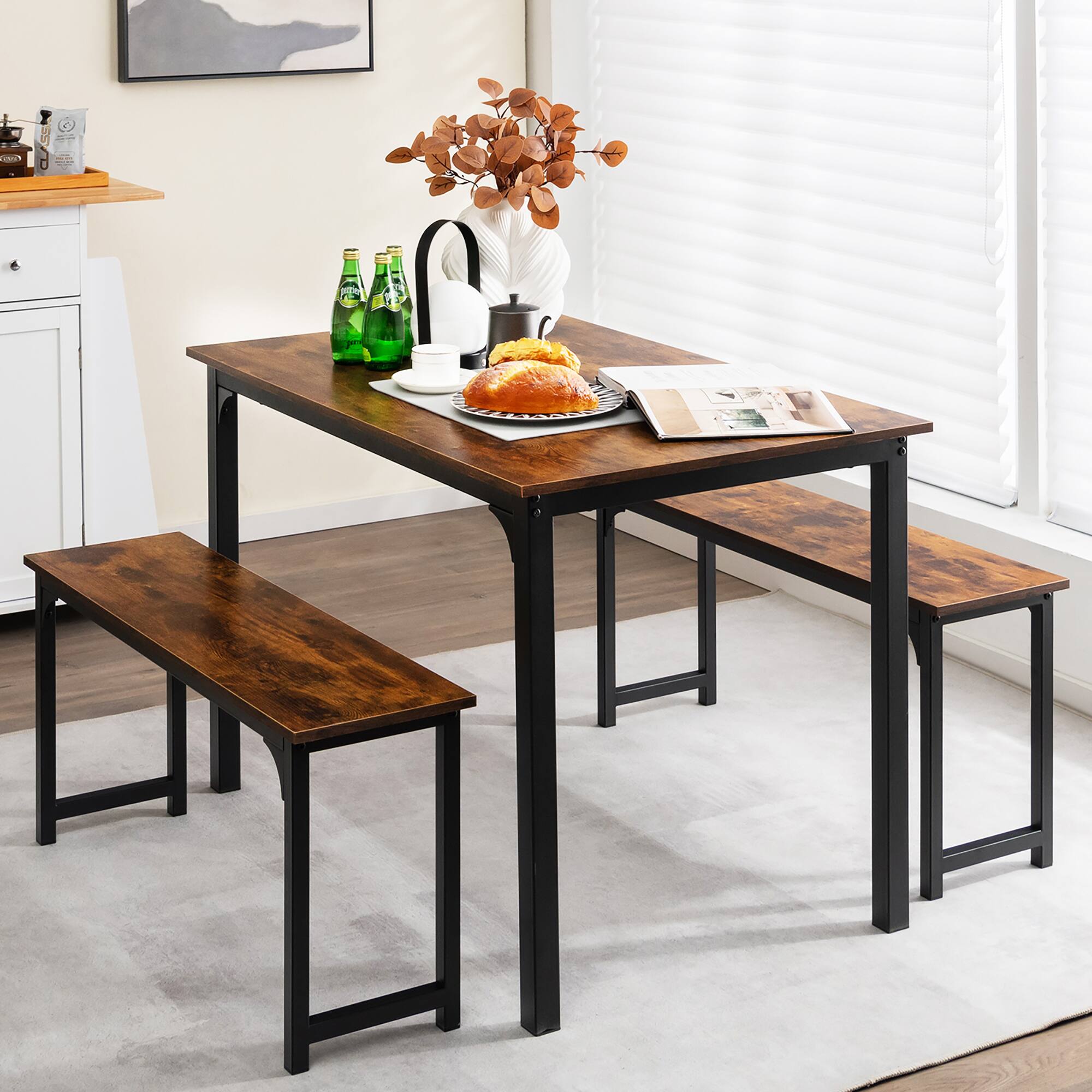 Angle. Costway - 3pcs Dining Table Set Modern Studio Collection Table and 2 Bench Coffee - Coffee and Black.