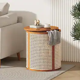 Loheer - 15.7 Inch Round End Table Hollow Woven Side Table Rubber Wood Nightstand Rattan Tea Desk - Ochre