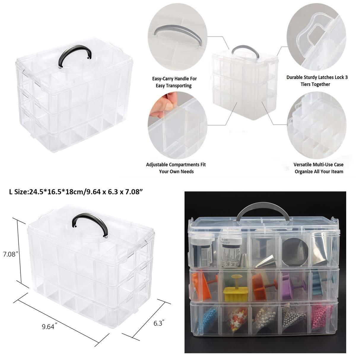 Easy-Carry Handle For Easy Transporting  
Durable Sturdy Latches Lock 3 Tiers Together  
Adjustable Compartments Fit Your Own Needs  
Versatile Multi-Use Case Organize All Your Items  

L Size: 24.5*16.5*18cm/9.64 x 6.3 x 7.08"