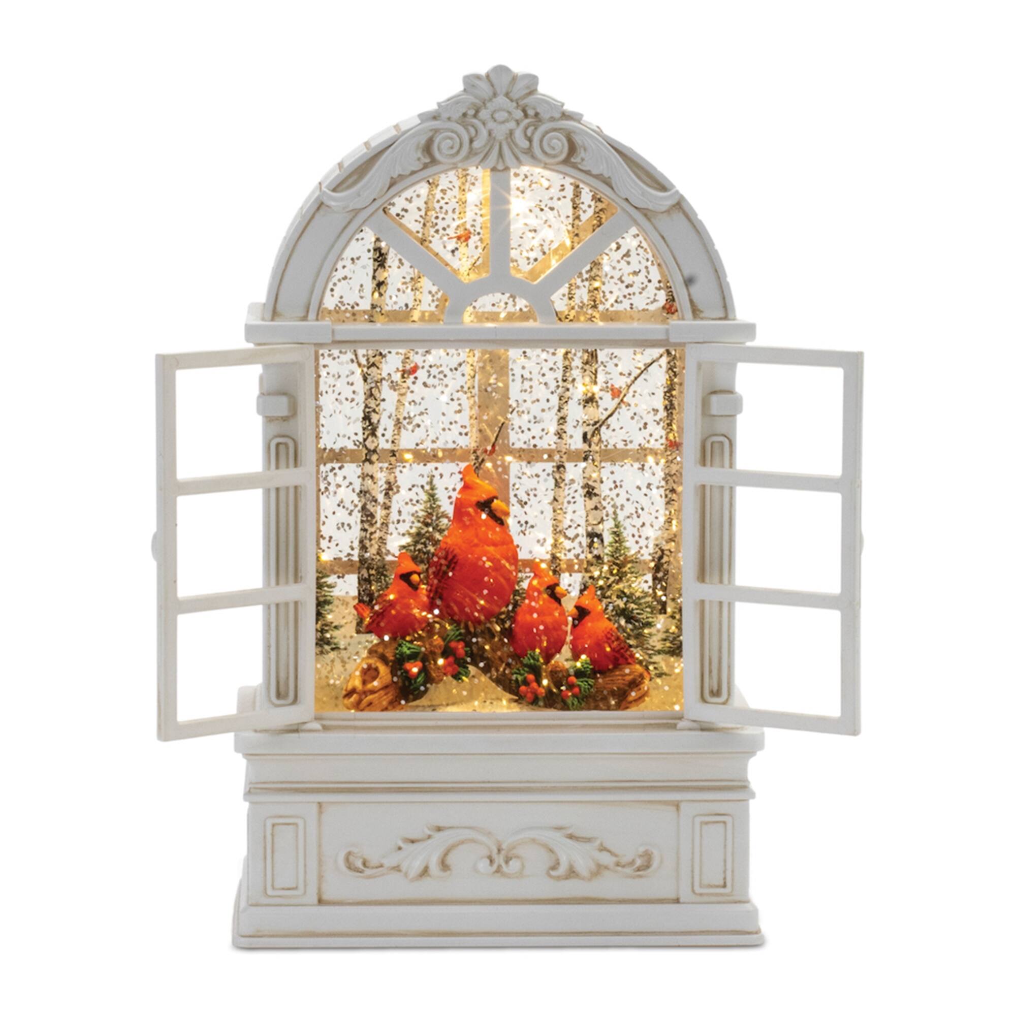 BreeBe - LED Snow Globe Window with Cardinal Family 9"H - White, Red