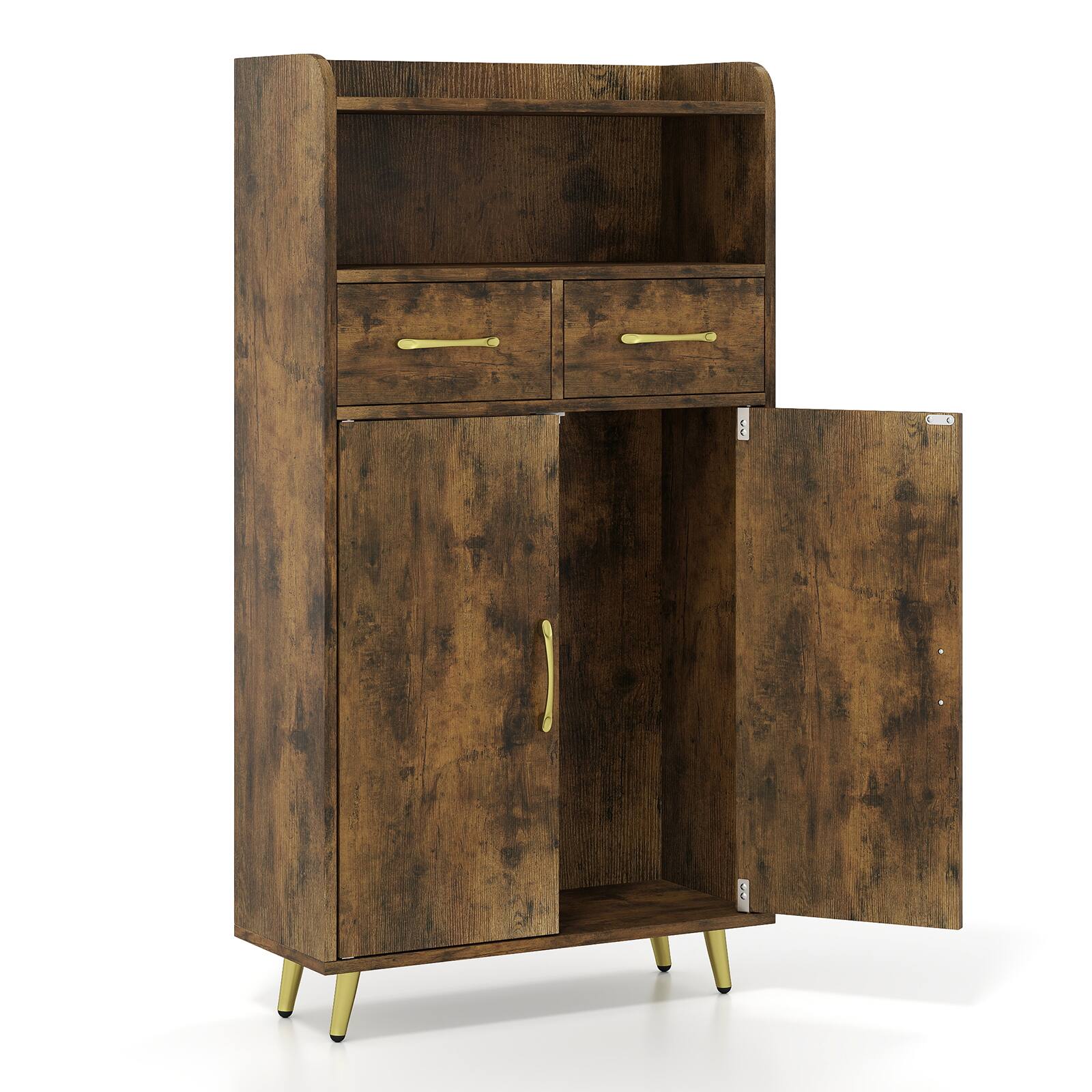 Alt View 9. Costway - Costway Bathroom Storage Cabinet with 2 Drawers and 2 Doors, Adjustable Shelf & Metal Legs - Rustic Brown.