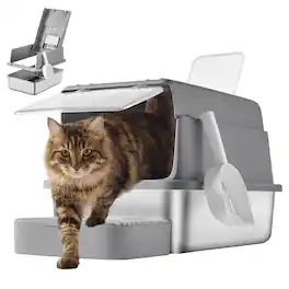 Songmics Home - Stainless Steel Cat Litter Box with Flip Lid, Litter Catcher Mat and Box, 2 Doors, Scoop, for Cats up to 33 lb - Dove Gray