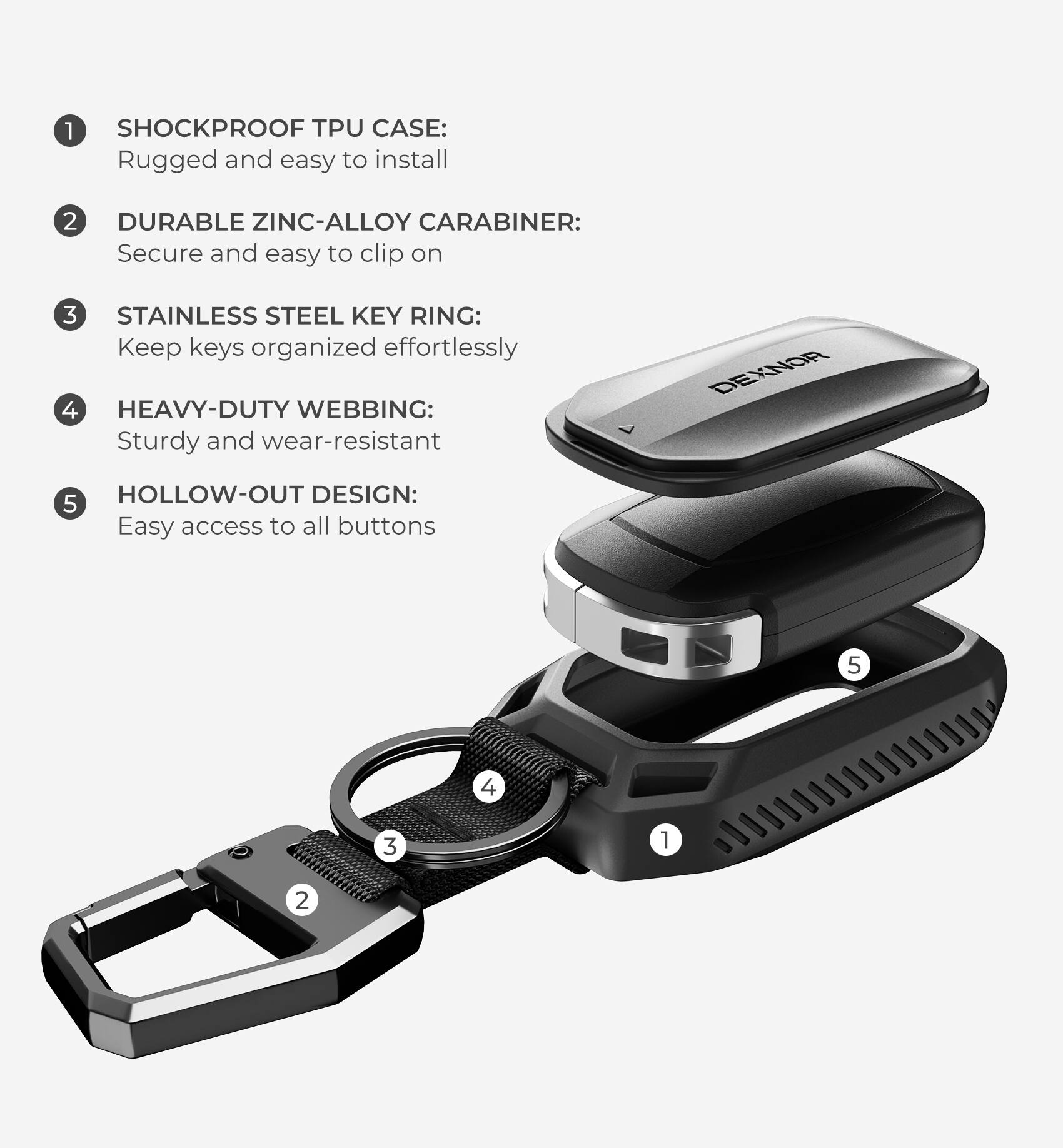 1. SHOCKPROOF TPU CASE: Rugged and easy to install
2. DURABLE ZINC-ALLOY CARABINER: Secure and easy to clip on
3. STAINLESS STEEL KEY RING: Keep keys organized effortlessly
4. HEAVY-DUTY WEBBING: Sturdy and wear-resistant
5. HOLLOW-OUT DESIGN: Easy access to all buttons
