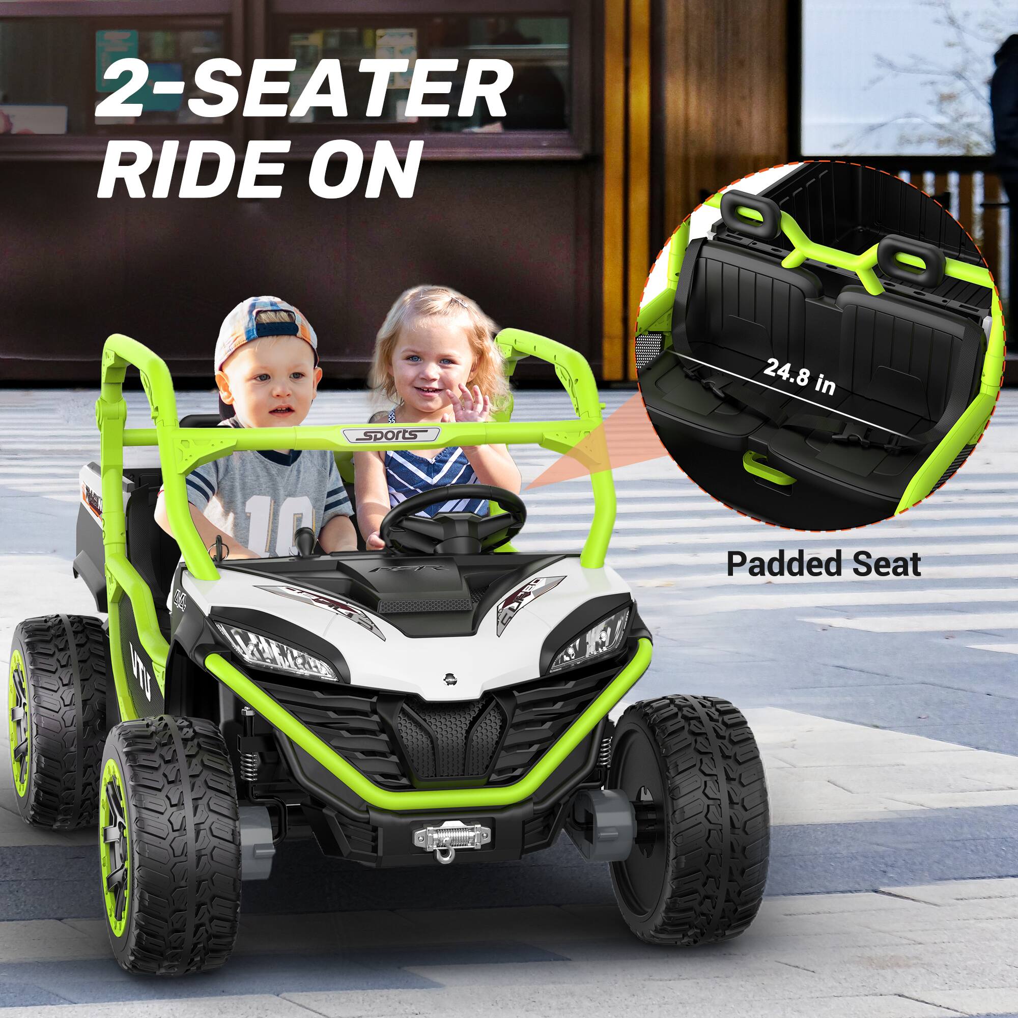 2-SEATER RIDE ON

24.8 in

sports

10 PER THE
SUPER
Padded Seat