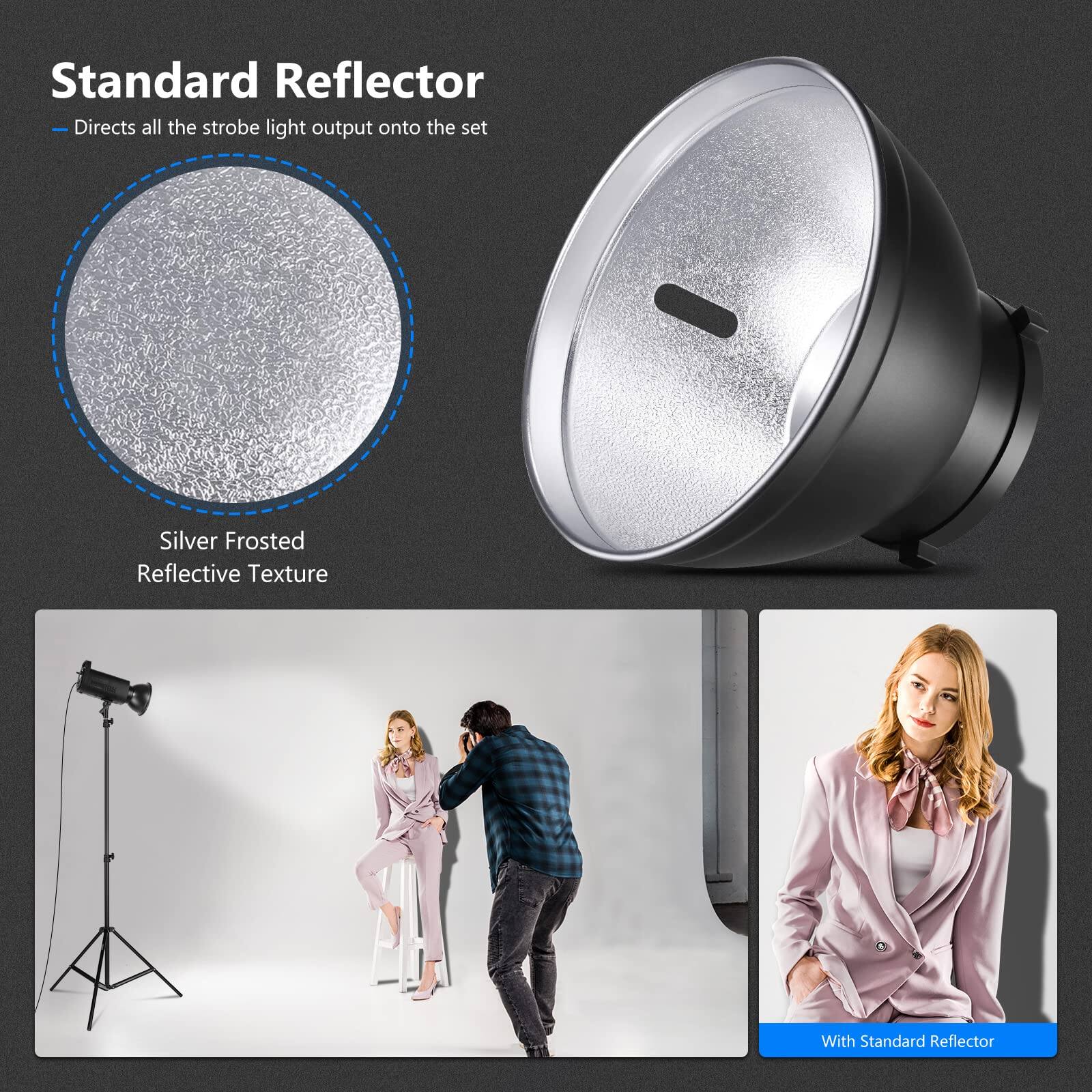 Standard Reflector  
— Directs all the strobe light output onto the set  

Silver Frosted Reflective Texture  

With Standard Reflector
