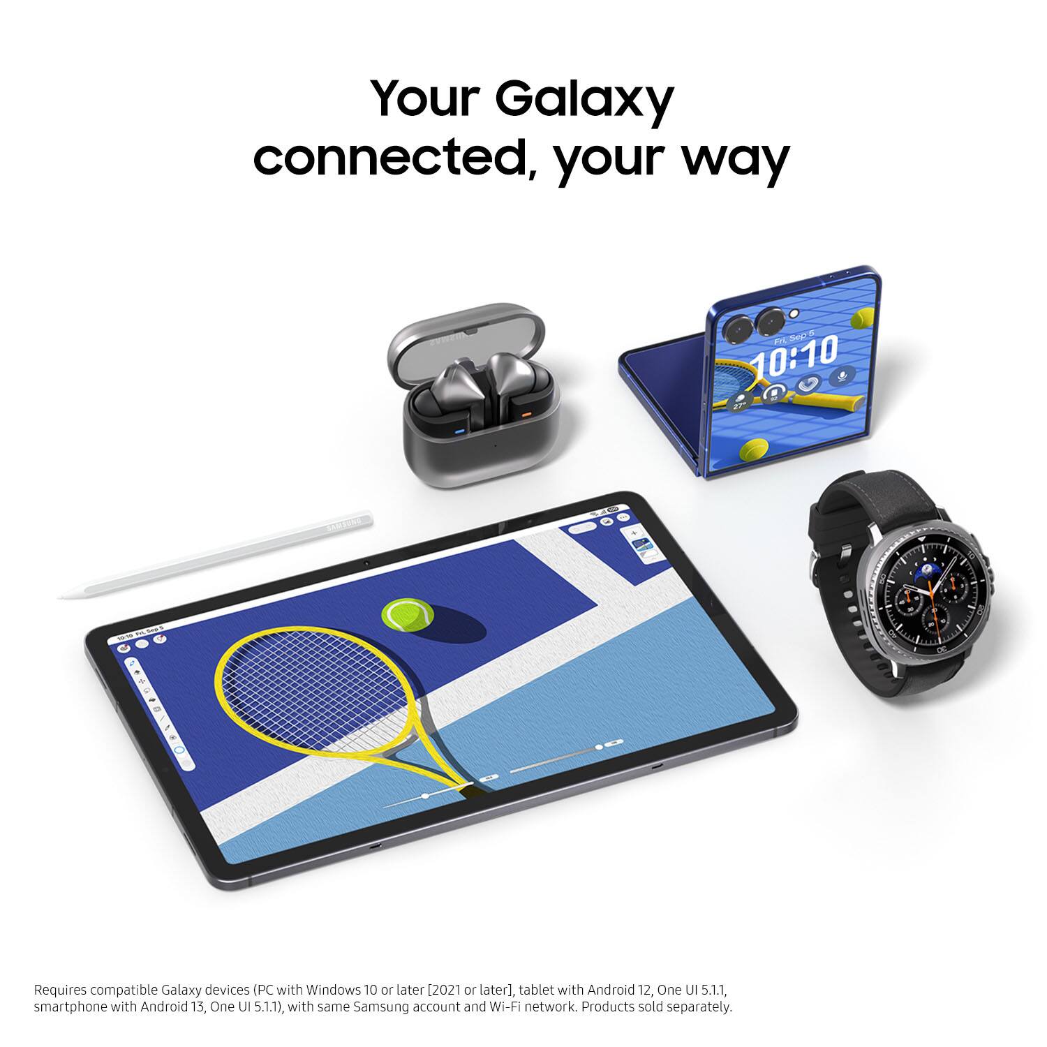Your Galaxy connected, your way

Requires compatible Galaxy devices (PC with Windows 10 or later [2021 or later], tablet with Android 12, One UI 5.1.1, smartphone with Android 13, One UI 5.1.1), with same Samsung account and Wi-Fi network. Products sold separately.