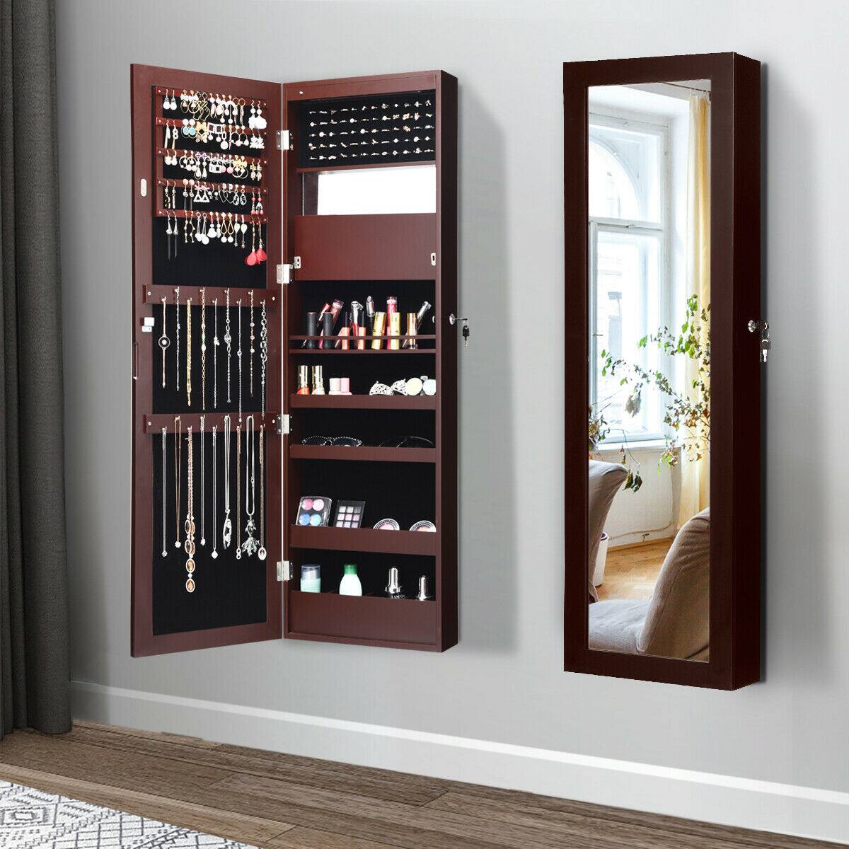 Gymax - Wall Door Mounted Lockable Jewelry Cabinet Armoire Organizer w/LED - Brown