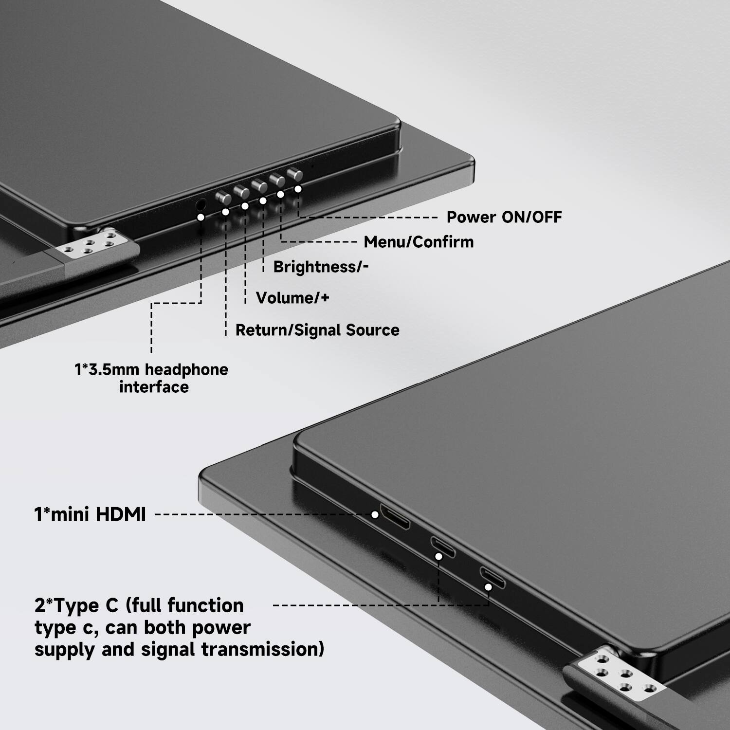 Power ON/OFF  
Menu/Confirm  
Brightness/-  
Volume/+  
Return/Signal Source  

1*3.5mm headphone interface  
1*mini HDMI  
2*Type C (full function type, can both power supply and signal transmission)