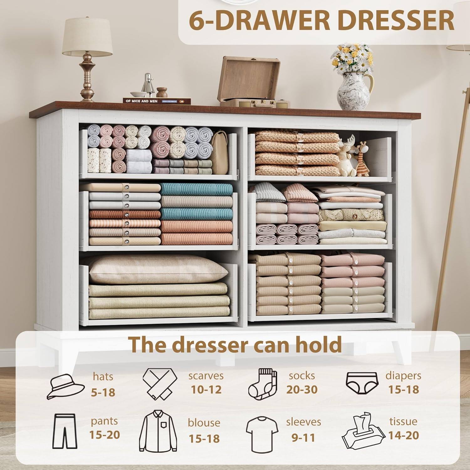 6-Drawer Dresser

The dresser can hold:
- Hats: 5-18
- Scarves: 10-12
- Socks: 20-30
- Diapers: 15-18
- Pants: 15-20
- Blouse: 15-18
- Sleeves: 9-11
- Tissue: 14-20
