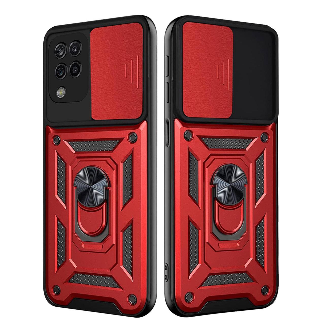 Front. Reiko - Samsung Galaxy A42 5G Red Case with Kickstand Ring Holder, Slide Camera Cover, Shockproof TPU, Magnetic Mount - Red.