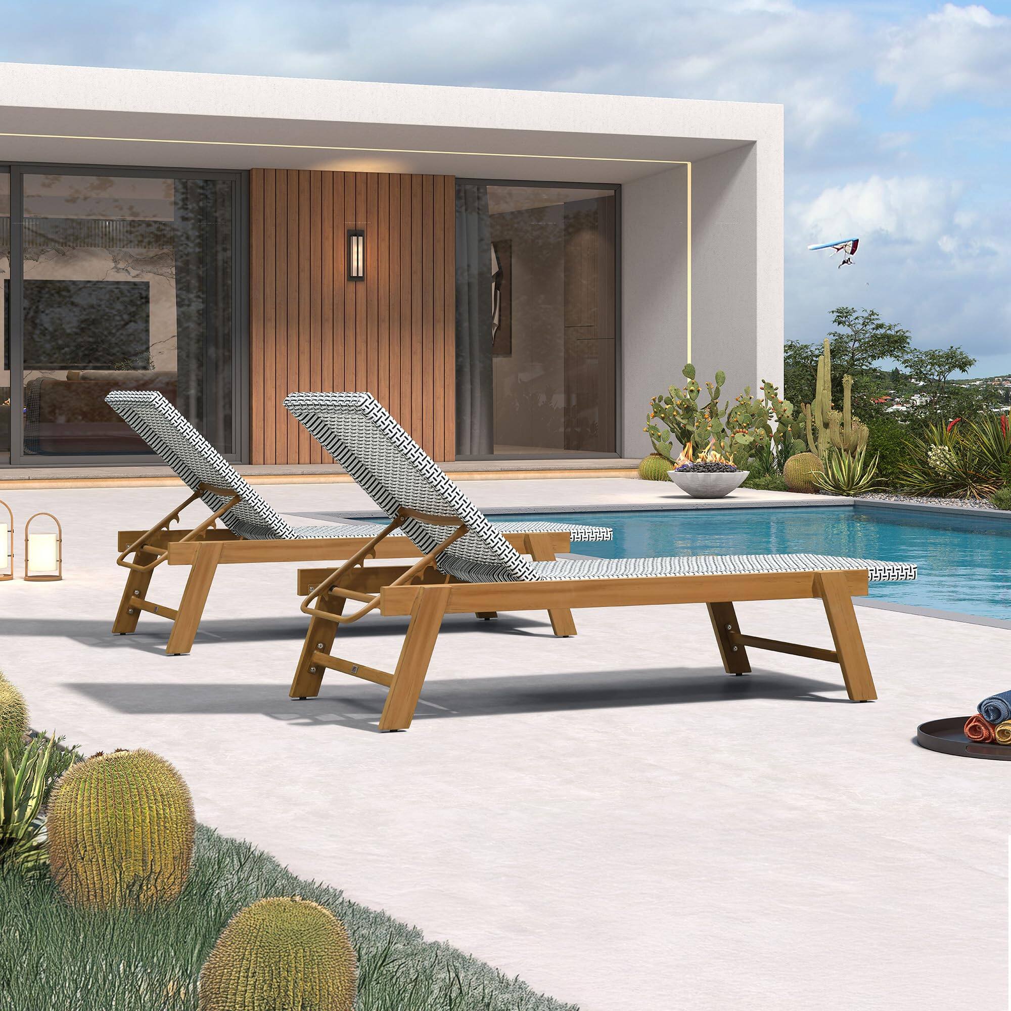 Alt View 1. PURPLE LEAF - 2-Piece Extra Large French Patio Chaise Lounge Matte White Aluminum Frame 771LBS Capacity PE Rattan Adjustable Backrest - White（Teak Frame）.