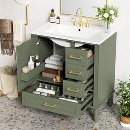 JUJABU - 30" Bathroom Vanity with Ceramic Sink, Soft-Close Door with Built-in Shelf for Bathroom - Olive Green