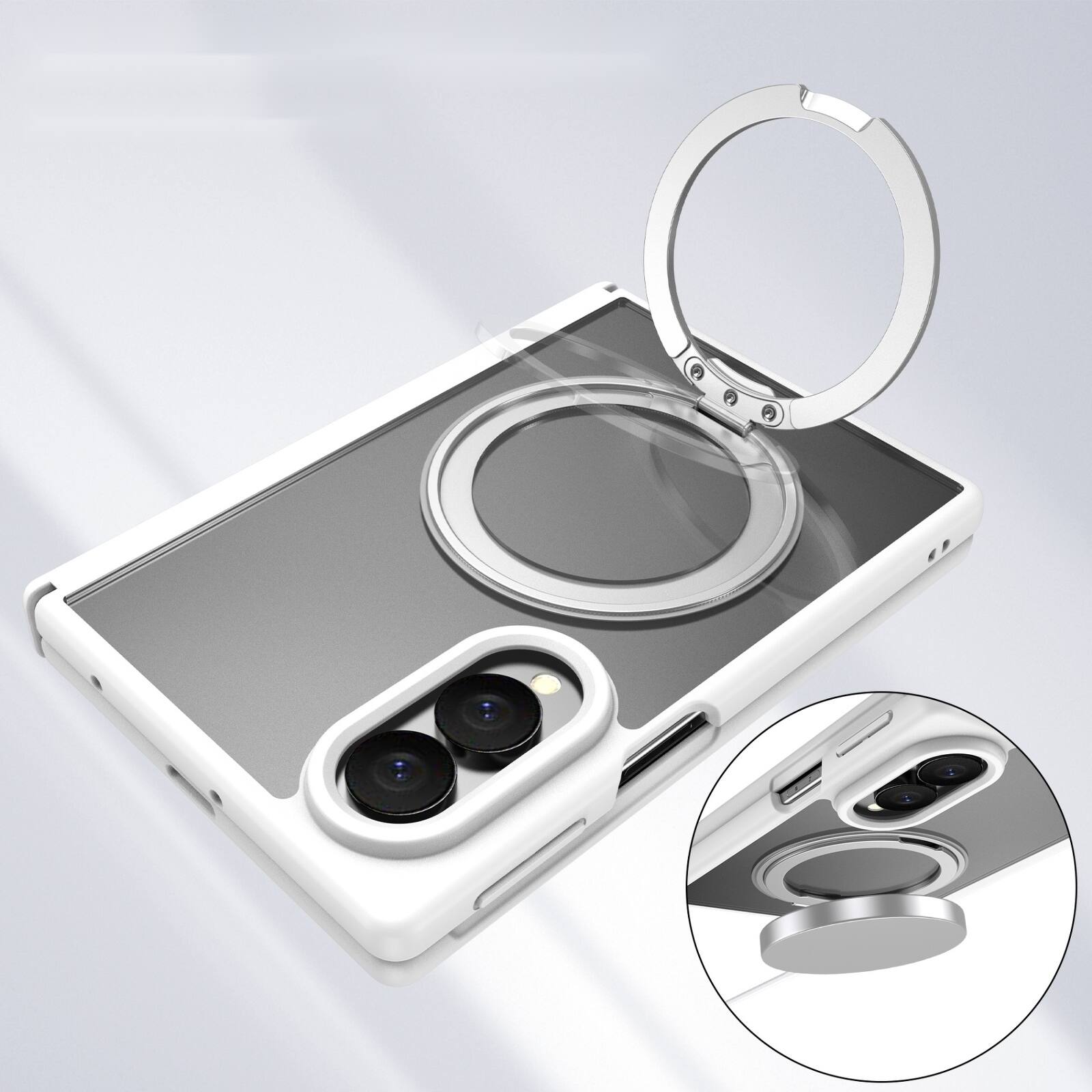 Back. Dteck - Shockproof Case for Samsung Galaxy Z Fold8 with Ring Stand, Magnetic PC Cover Built in Screen Film and Hinge Protection - White.