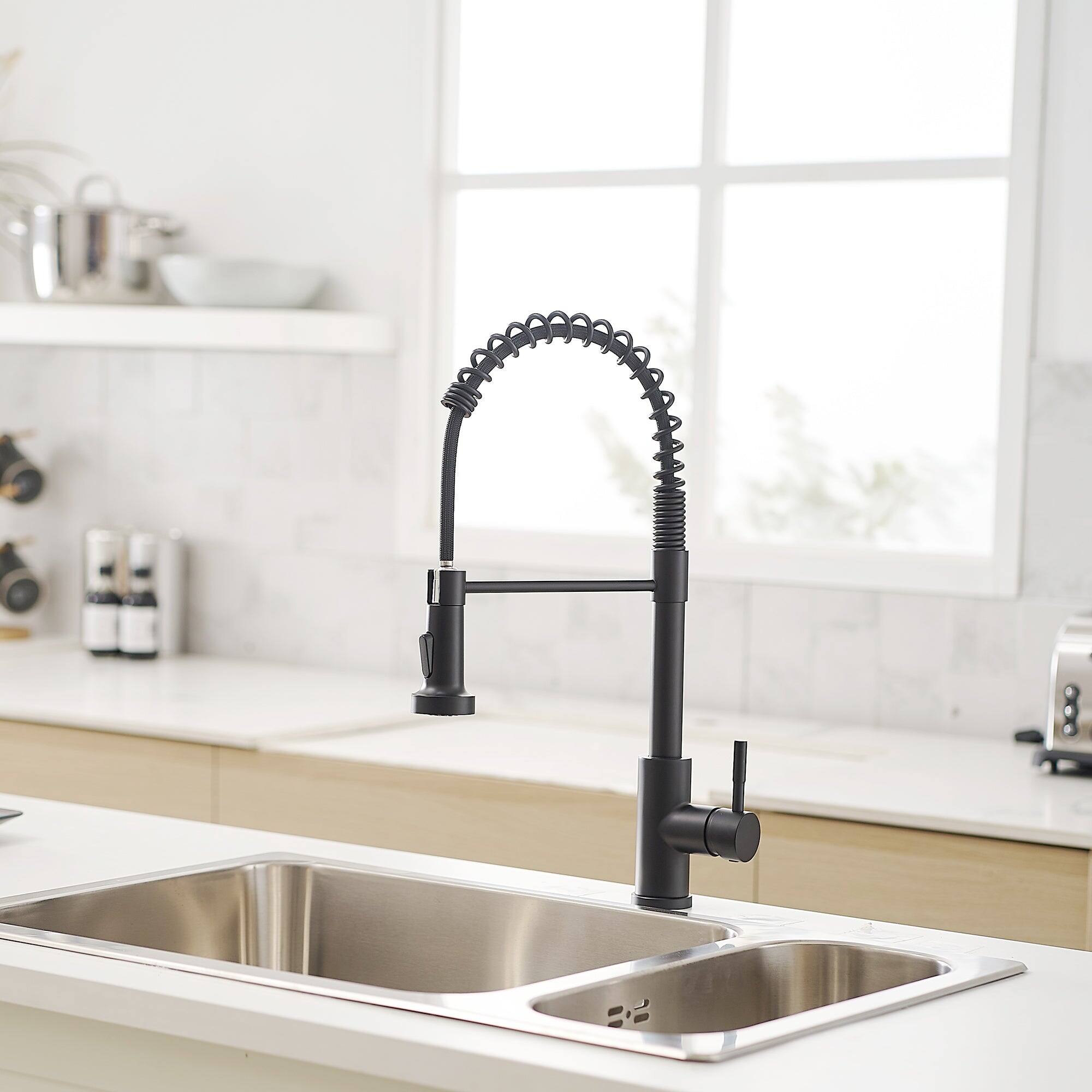 Alt View 8. Boyel Living - Matte Black Single Handle Pull Down Sprayer Kitchen Faucet Stainless Steel with Water Supply Hoses - Matte Black.