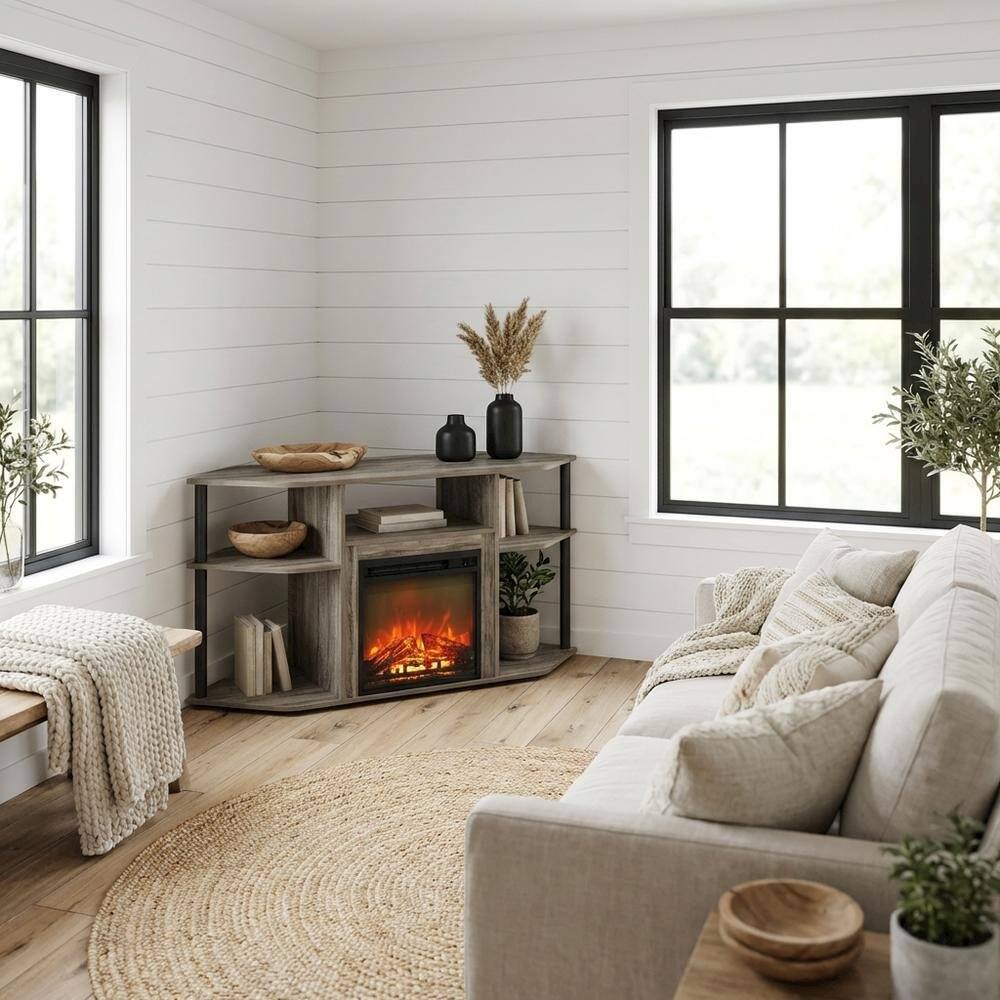 Alt View 2. FurniFact - Gray open storage corner fireplace TV stand, 55-inch screens, wood veneer finish - Gray.
