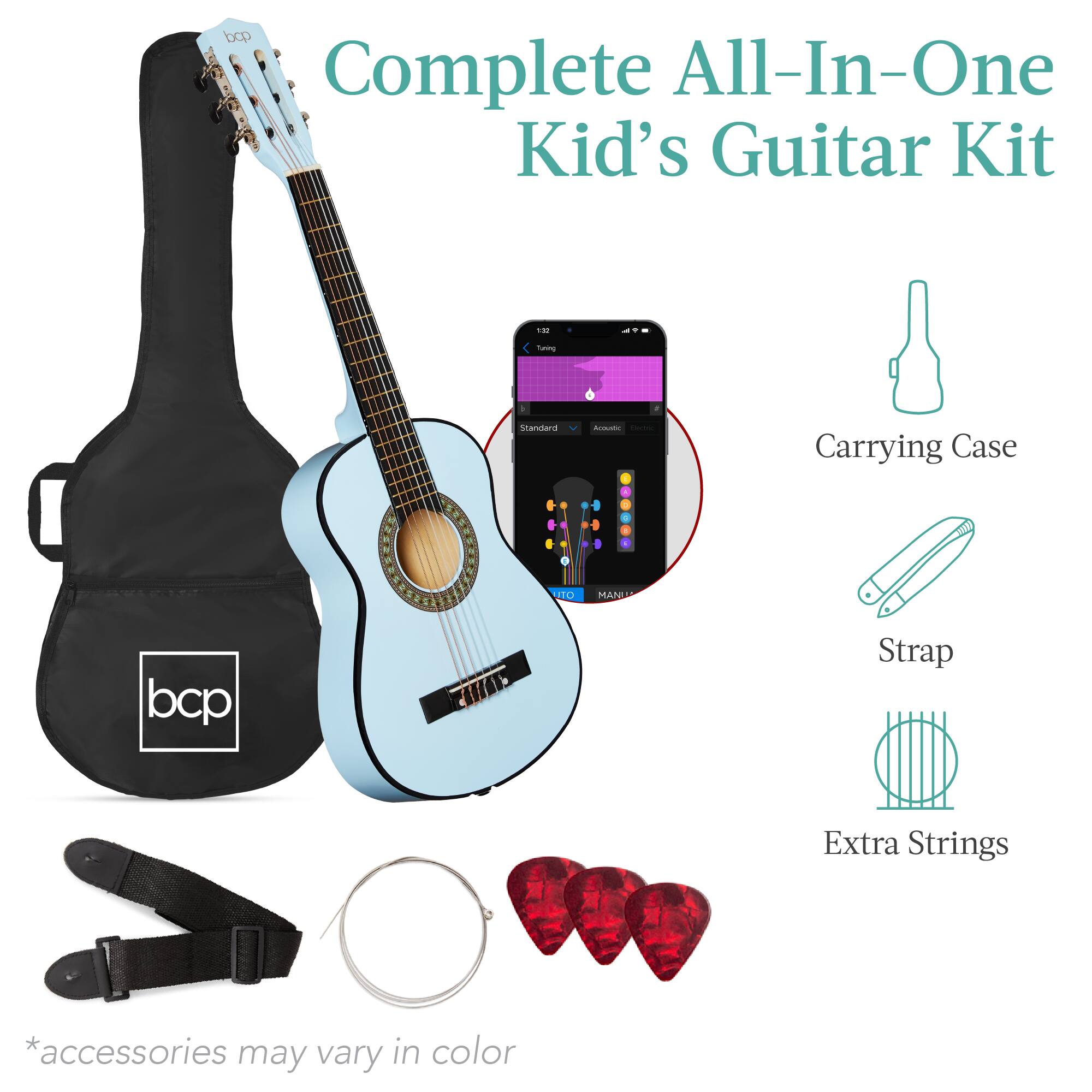Complete All-In-One Kid's Guitar Kit

- Carrying Case
- Strap
- Extra Strings

*accessories may vary in color