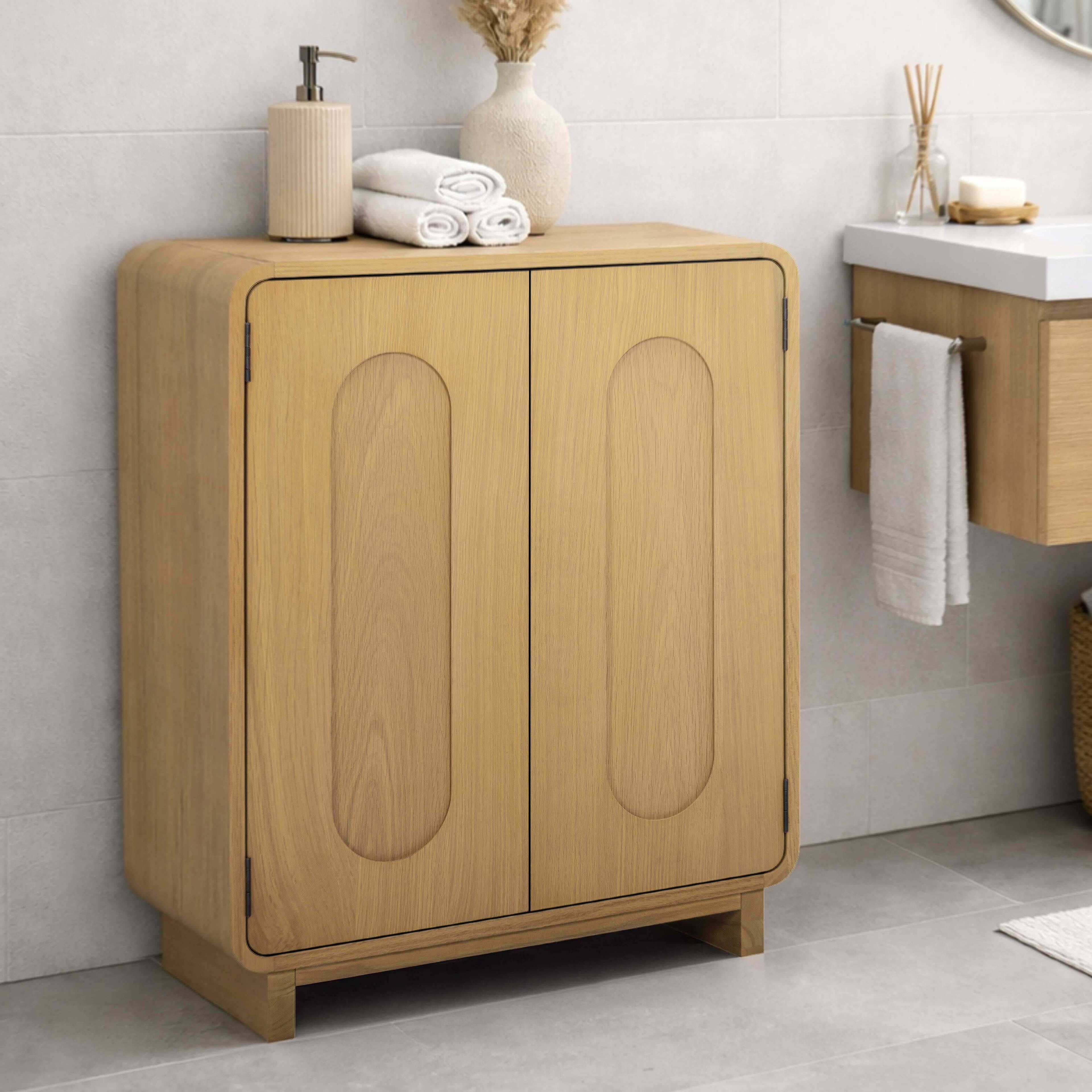 Angle. Teamson Home - Oak Veneer Multi Purpose Storage Accent Cabinet with Solid Wood Frame - Natural.