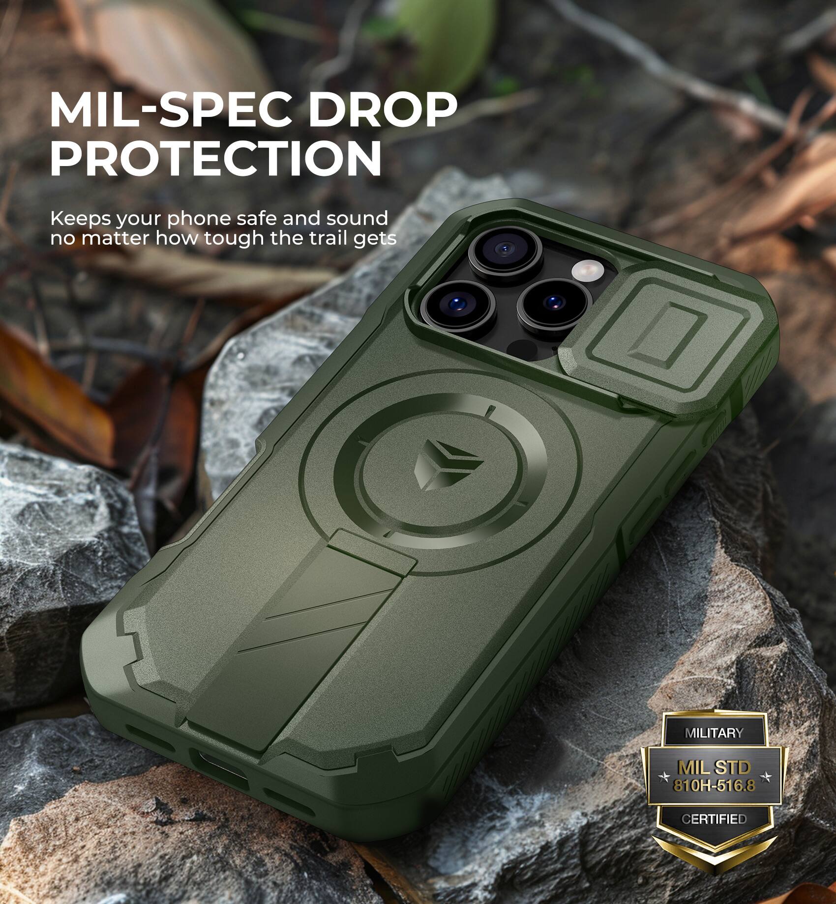 MIL-SPEC DROP PROTECTION
Keeps your phone safe and sound no matter how tough the trail gets
MILITARY MIL STD 810H-516.8 CERTIFIED