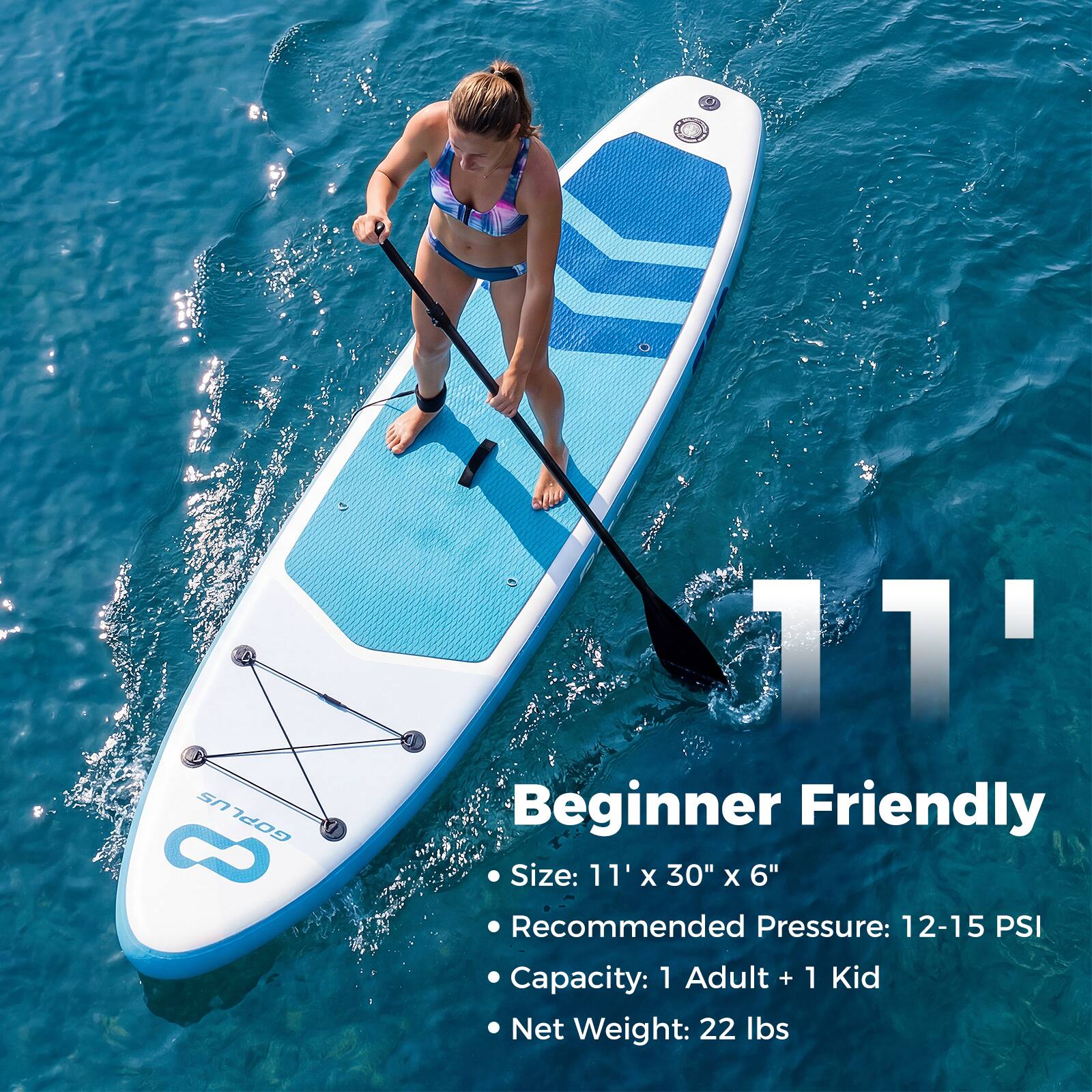 5n GOPLUS 8 11' Beginner Friendly Size: 11' x 30" x 6" Recommended Pressure: 12-15 PSI Capacity: 1 Adult + 1 Kid Net Weight: 22 lbs