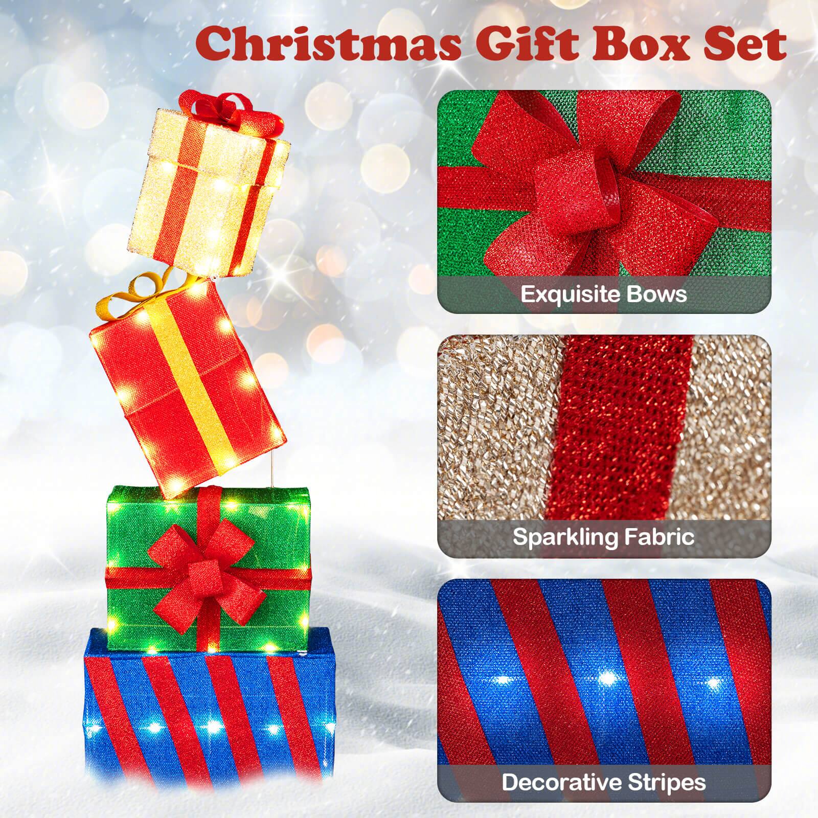 Christmas Gift Box Set

- Exquisite Bows
- Sparkling Fabric
- Decorative Stripes