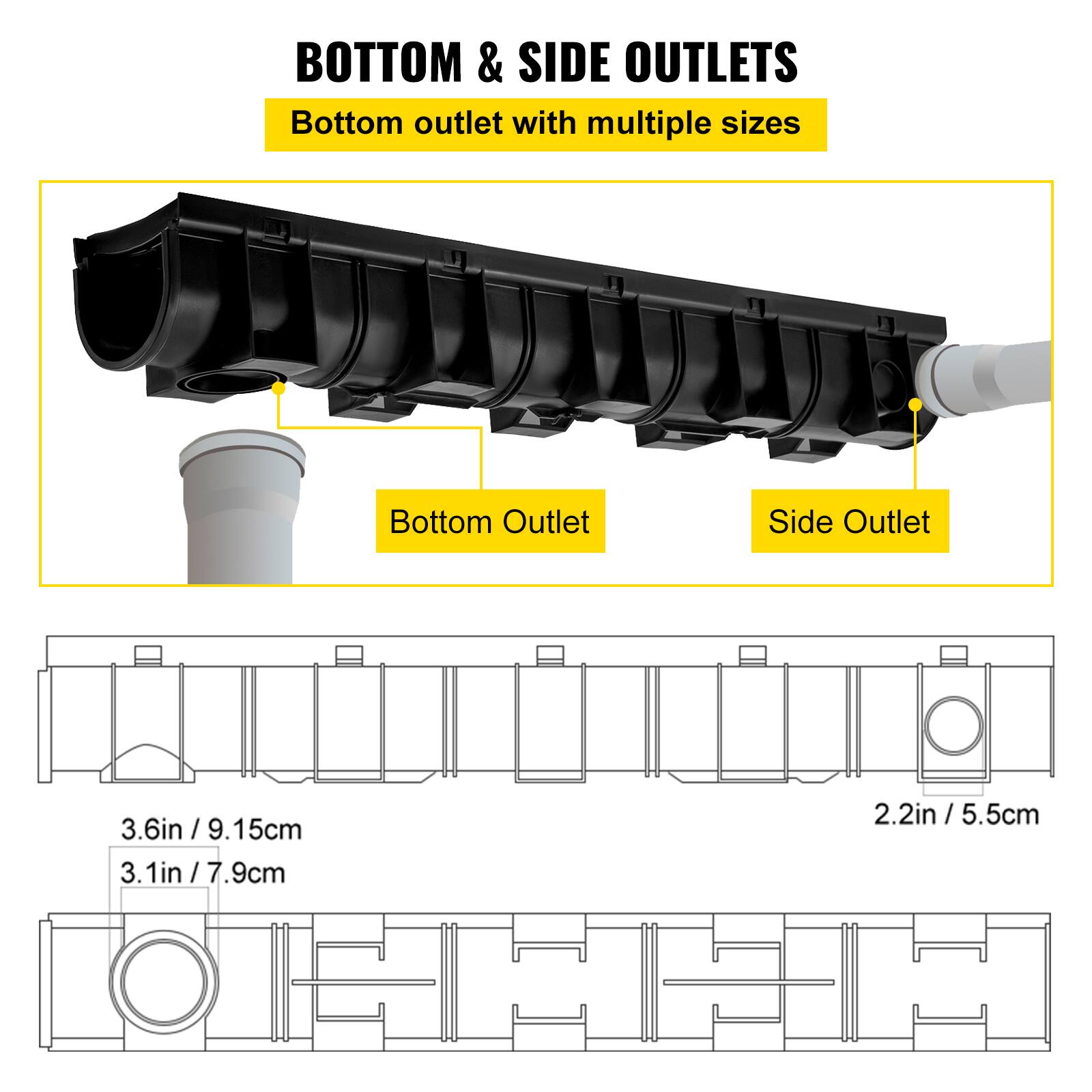 BOTTOM & SIDE OUTLETS  
Bottom outlet with multiple sizes  

Bottom Outlet  
Side Outlet  

2.2in / 5.5cm  
3.6in / 9.15cm  
3.1in / 7.9cm
