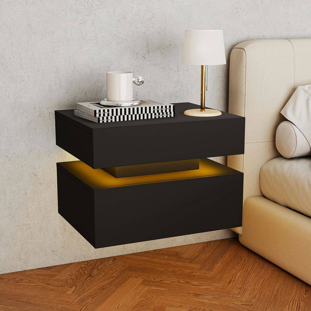 Alt View 8. Kadyn - Wall-Mounted LED Nightstand with 2 Drawers and 3 Light Modes for Bedroom, Black - Black.