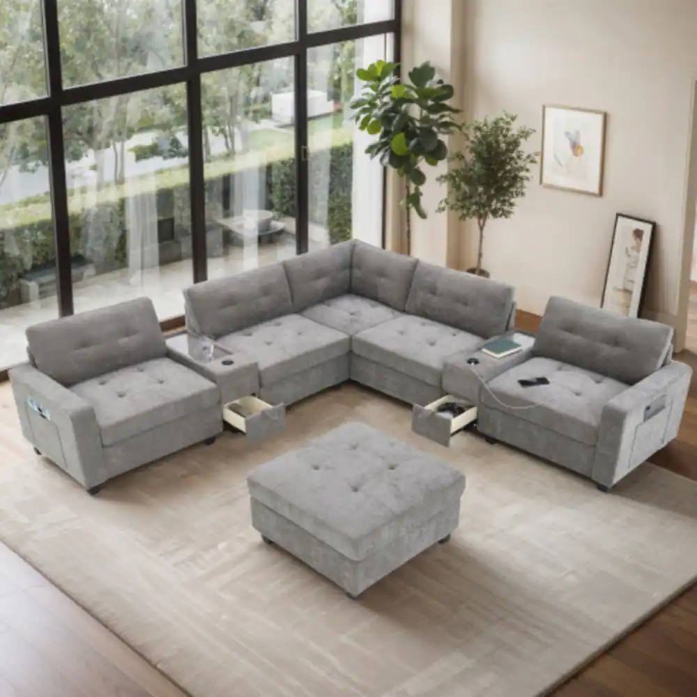 Alt View 5. LUCKY ONE - 104" L-Shape U-Shape Modular Chenille Sectional Sofa w/ 2 Consoles USB Charger Ottoman - Gray.
