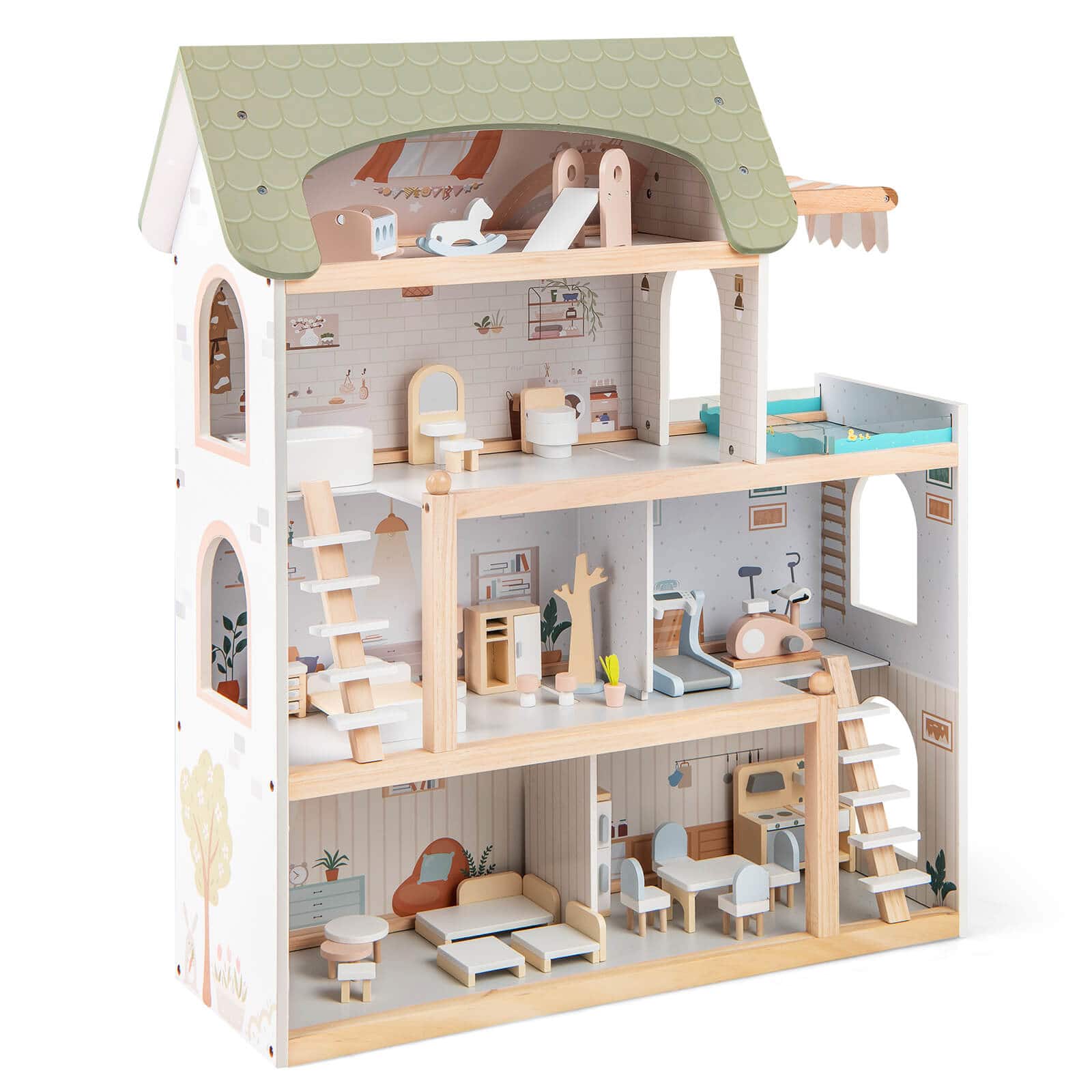 Costway - Kids Wooden Dollhouse 4-Story Modern Doll House with 33Pcs Furniture Accessories - Multicolour