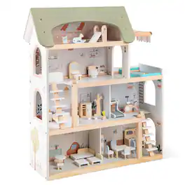 Costway - Kids Wooden Dollhouse 4-Story Modern Doll House with 33Pcs Furniture Accessories - Multicolour